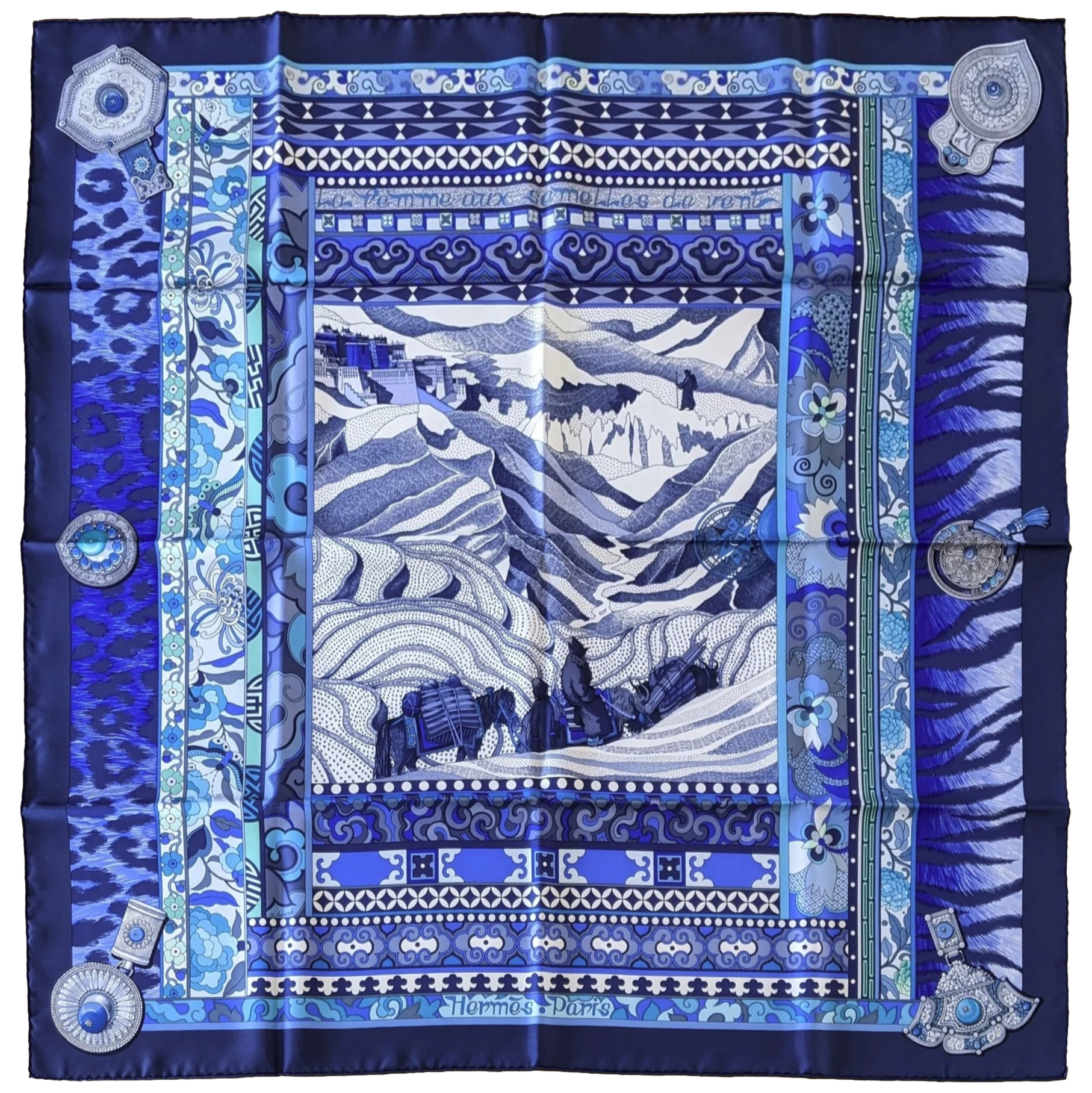 Hermes 2009 cw07 Marine/Cobalt "La Femme aux semelles de Vent" by Aline Honore Twill 90cm