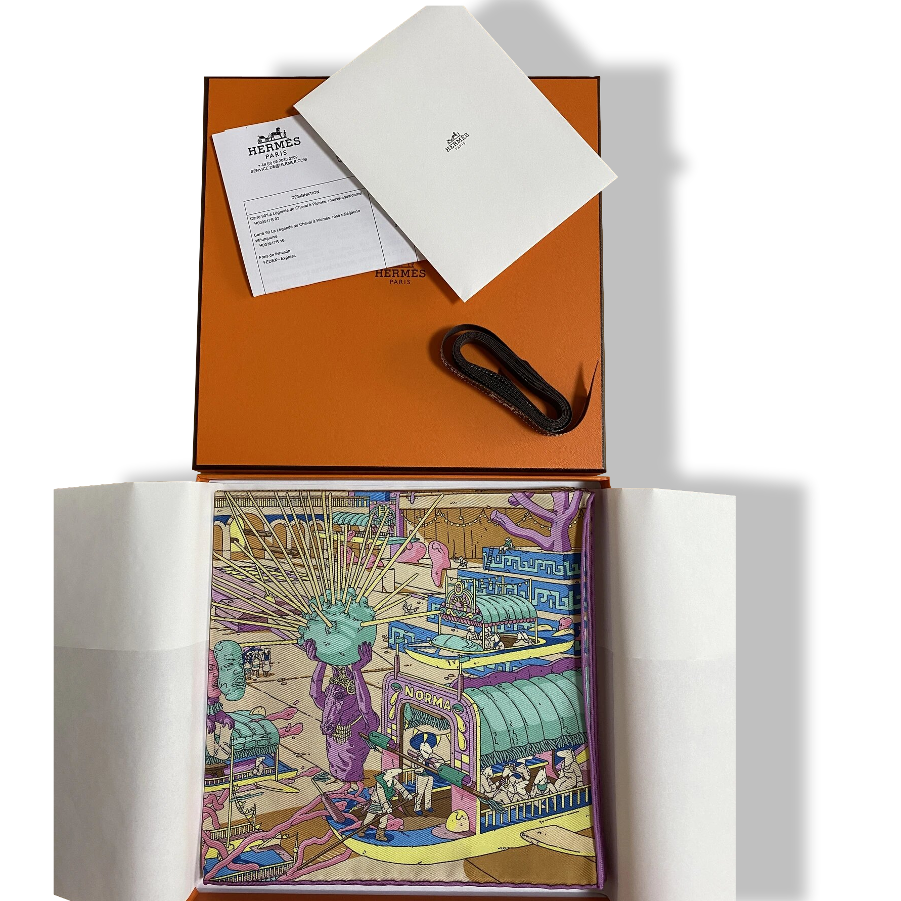 Hermes Mauve/Aqua/Camel LA LEGENDE DU CHEVAL A PLUMES by Ugo Gattoni Twill 90, BNWTIB!