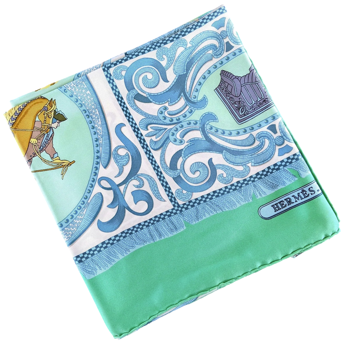 Hermes 1985 Vert/Bleu/Blanc "La Presentation" by Christiane Vauzelles Twill 90cm