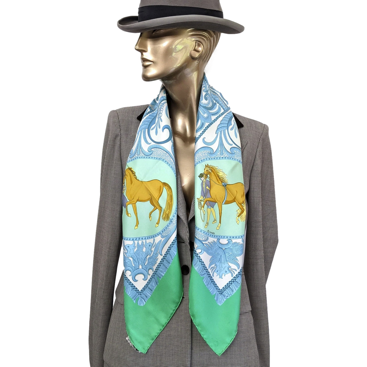 Hermes 1985 Vert/Bleu/Blanc "La Presentation" by Christiane Vauzelles Twill 90cm