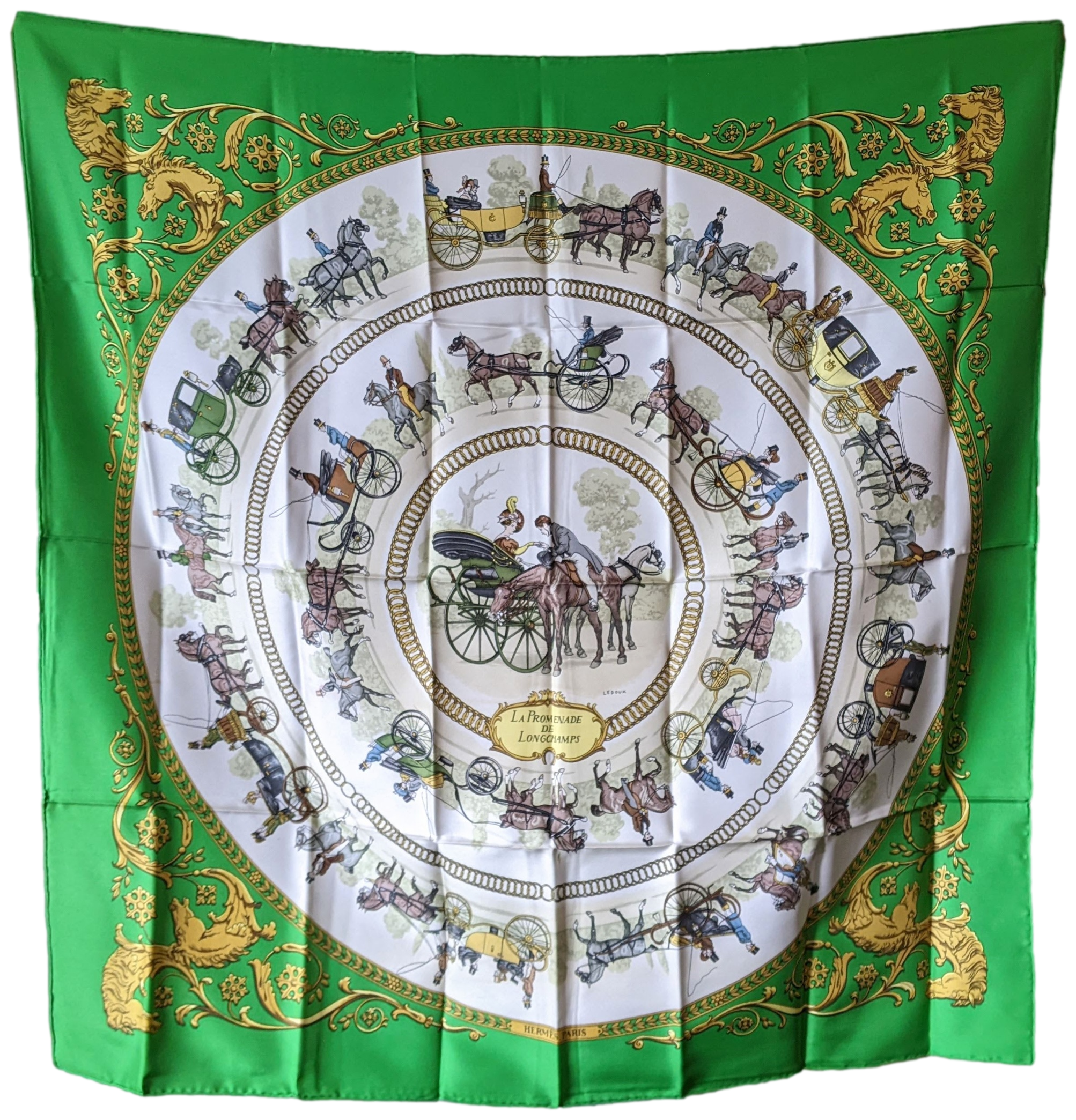 Hermes 1965 Vert "La Promenade de Longchamps" Twill Scarf 90 x 90 cm