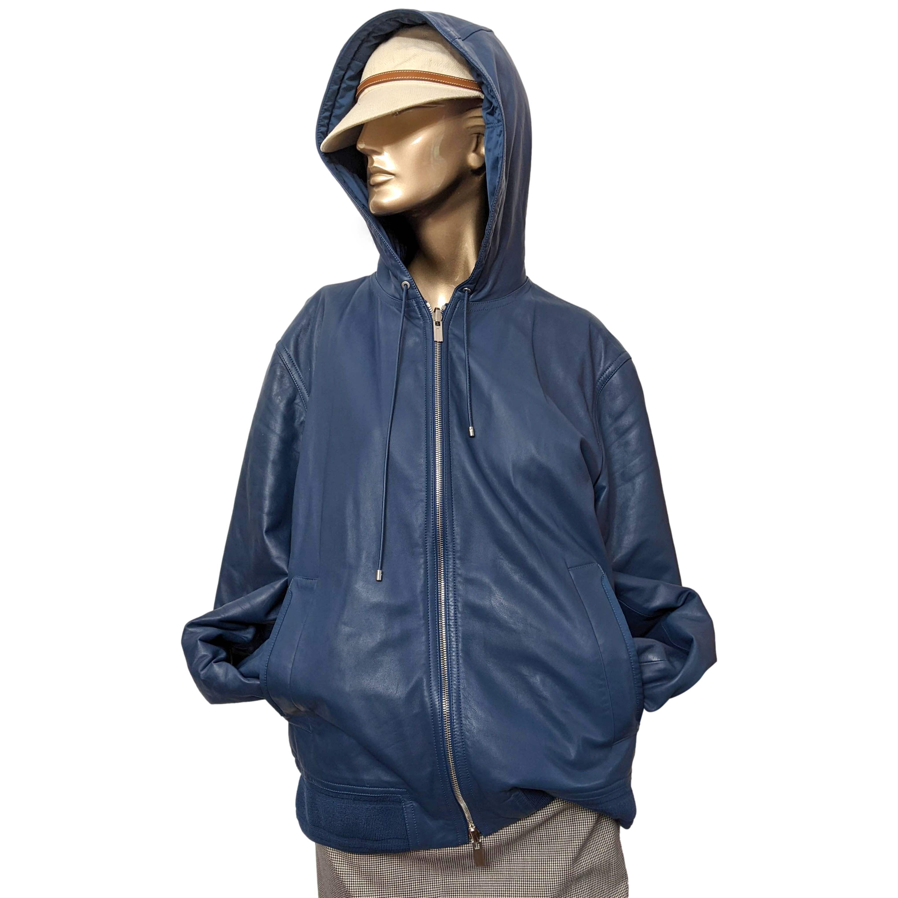 Hermes Men's Bleu de Prusse Lambskin Reversible Hooded Jacket Sz54