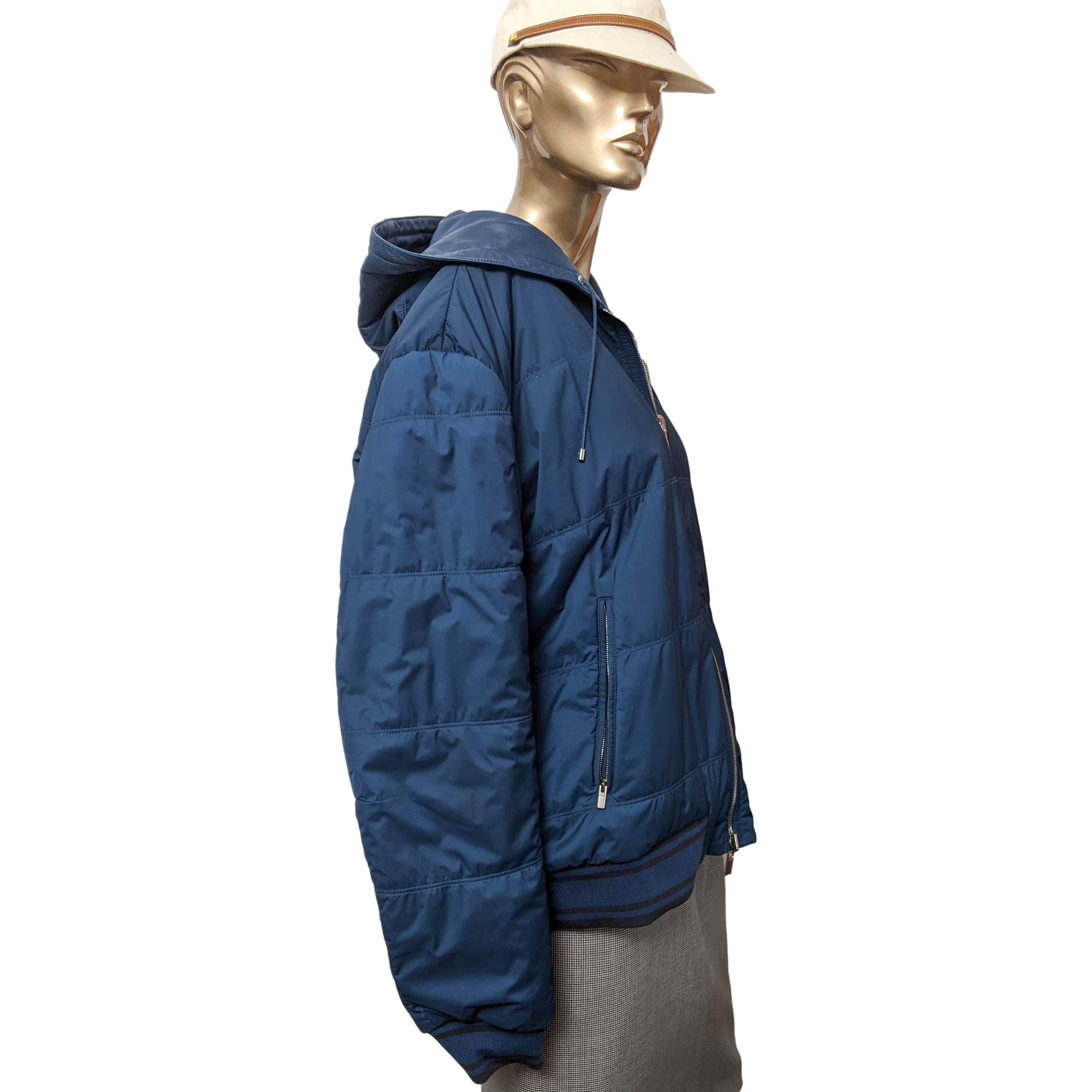 Hermes Men's Bleu de Prusse Lambskin Reversible Hooded Jacket Sz54