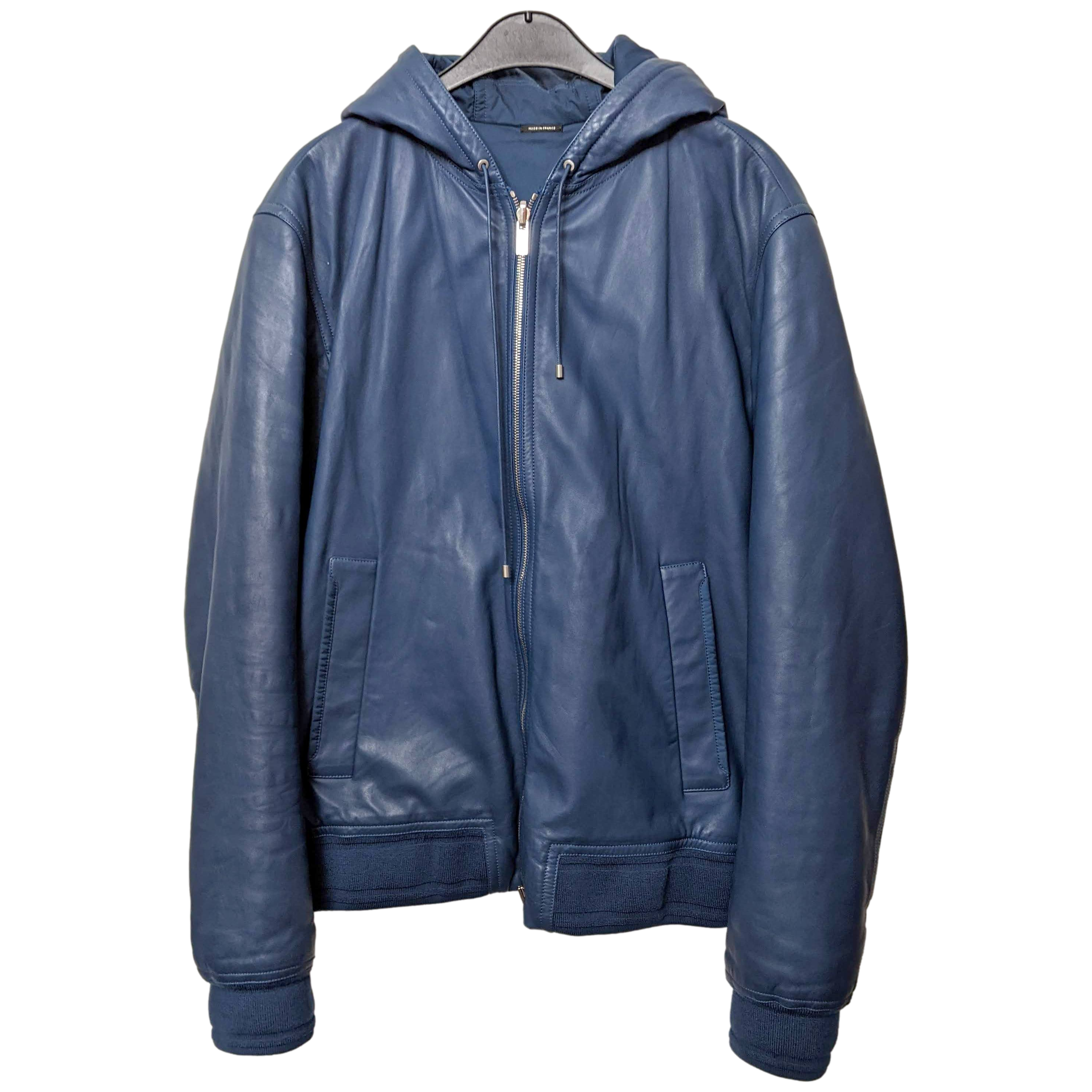 Hermes Men's Bleu de Prusse Lambskin Reversible Hooded Jacket Sz54