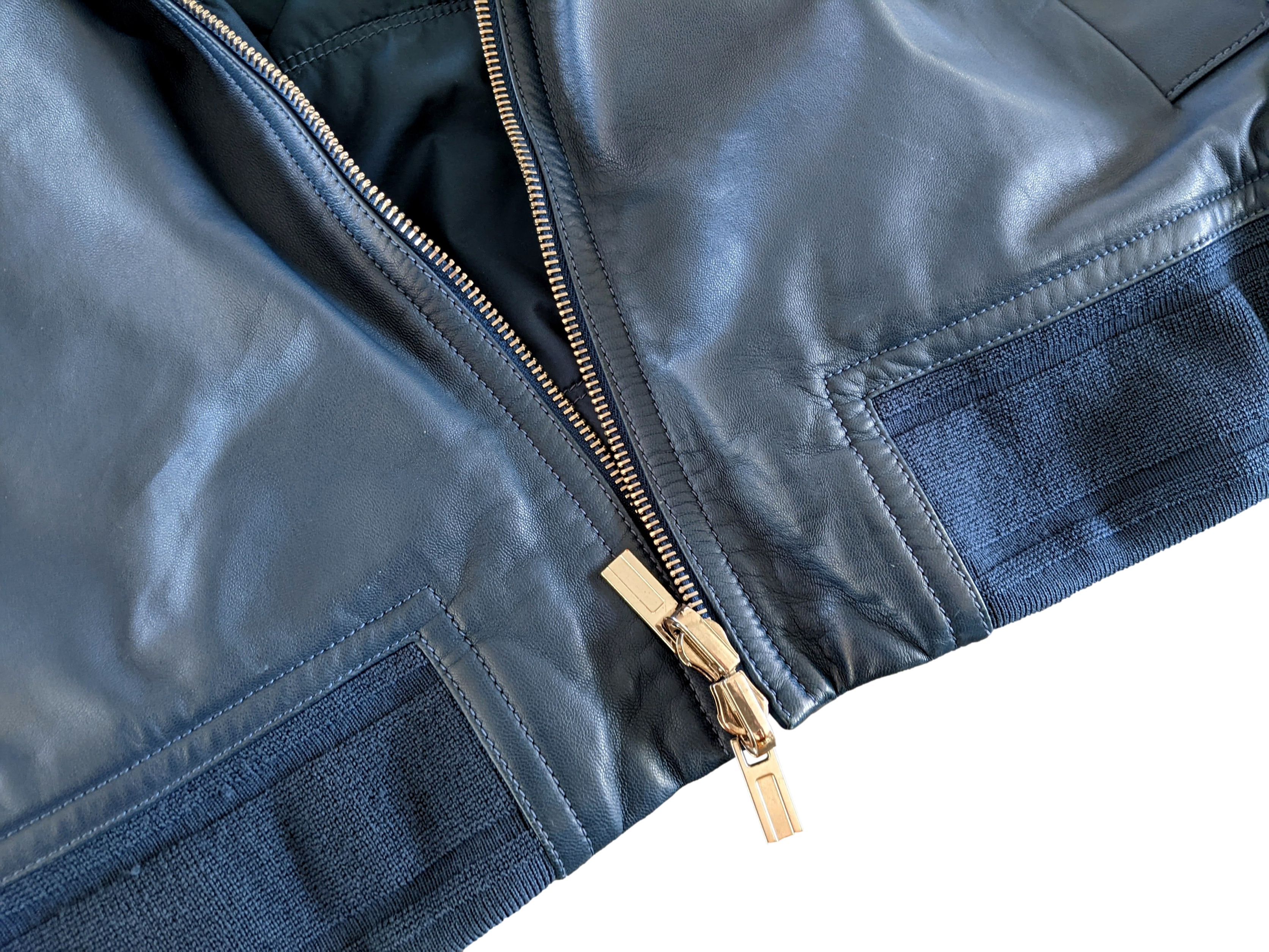 Hermes Men's Bleu de Prusse Lambskin Reversible Hooded Jacket Sz54