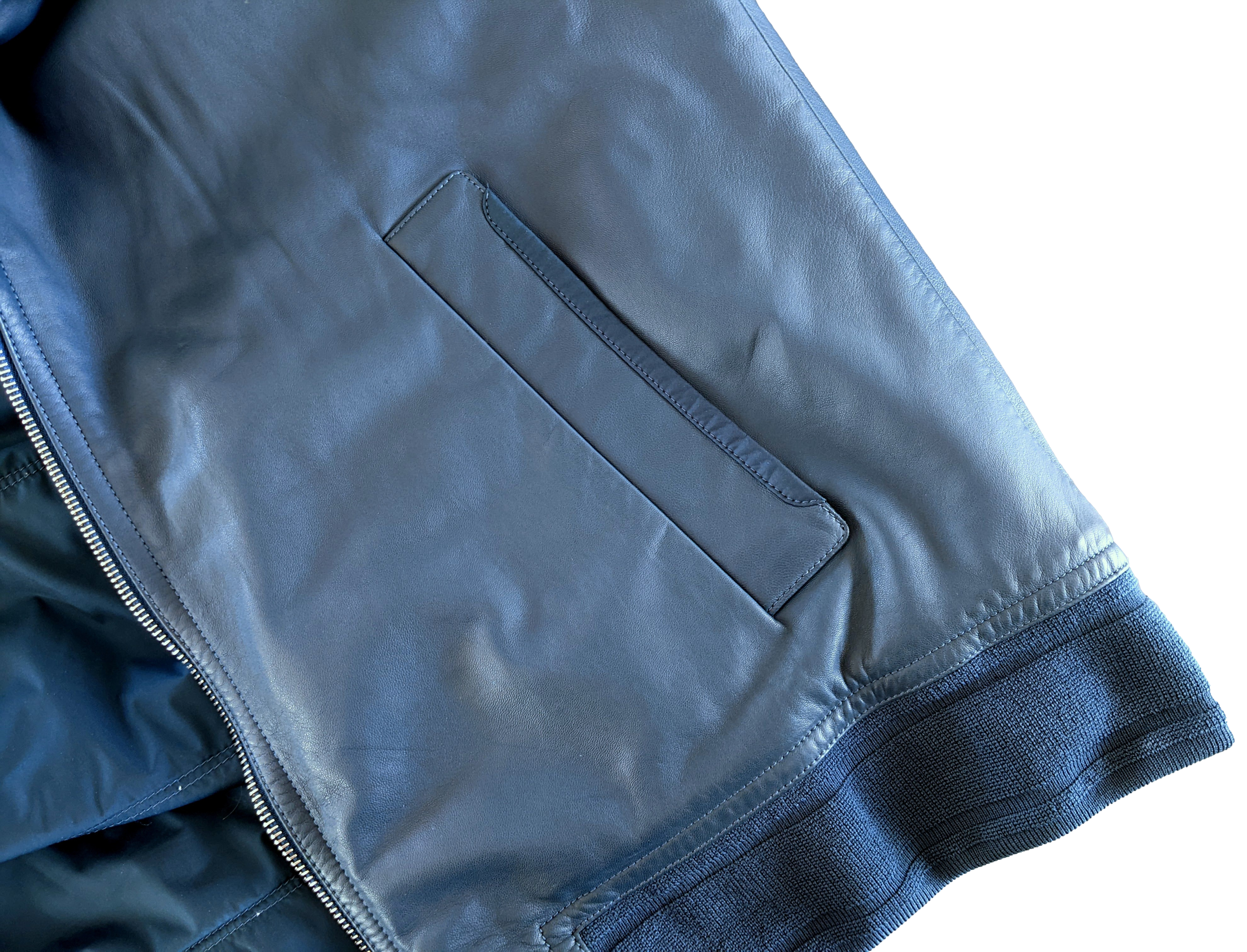Hermes Men's Bleu de Prusse Lambskin Reversible Hooded Jacket Sz54