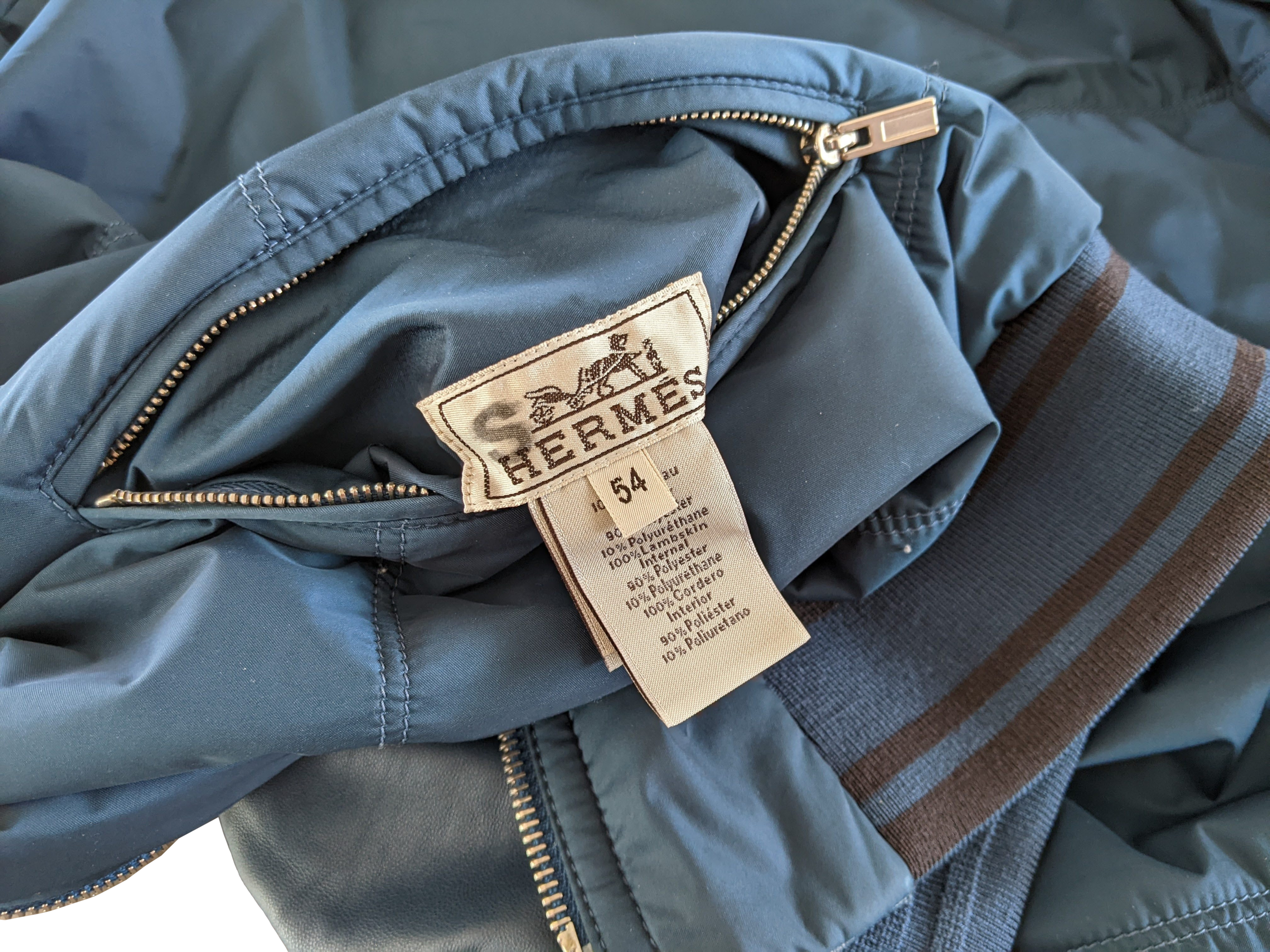 Hermes Men's Bleu de Prusse Lambskin Reversible Hooded Jacket Sz54