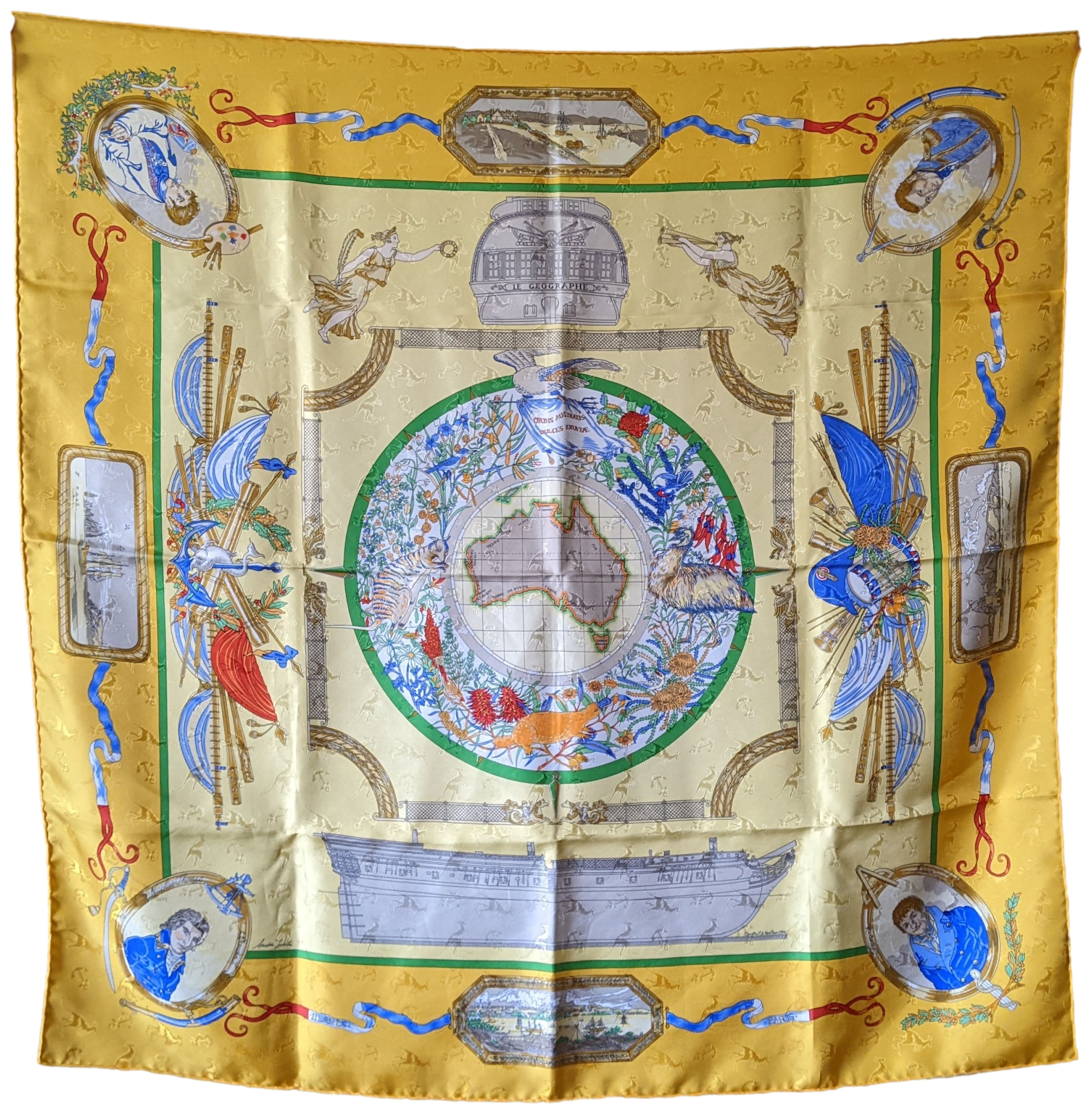 HERMES 1990s LE GEOGRAPHE Twill Silk Scarf 90