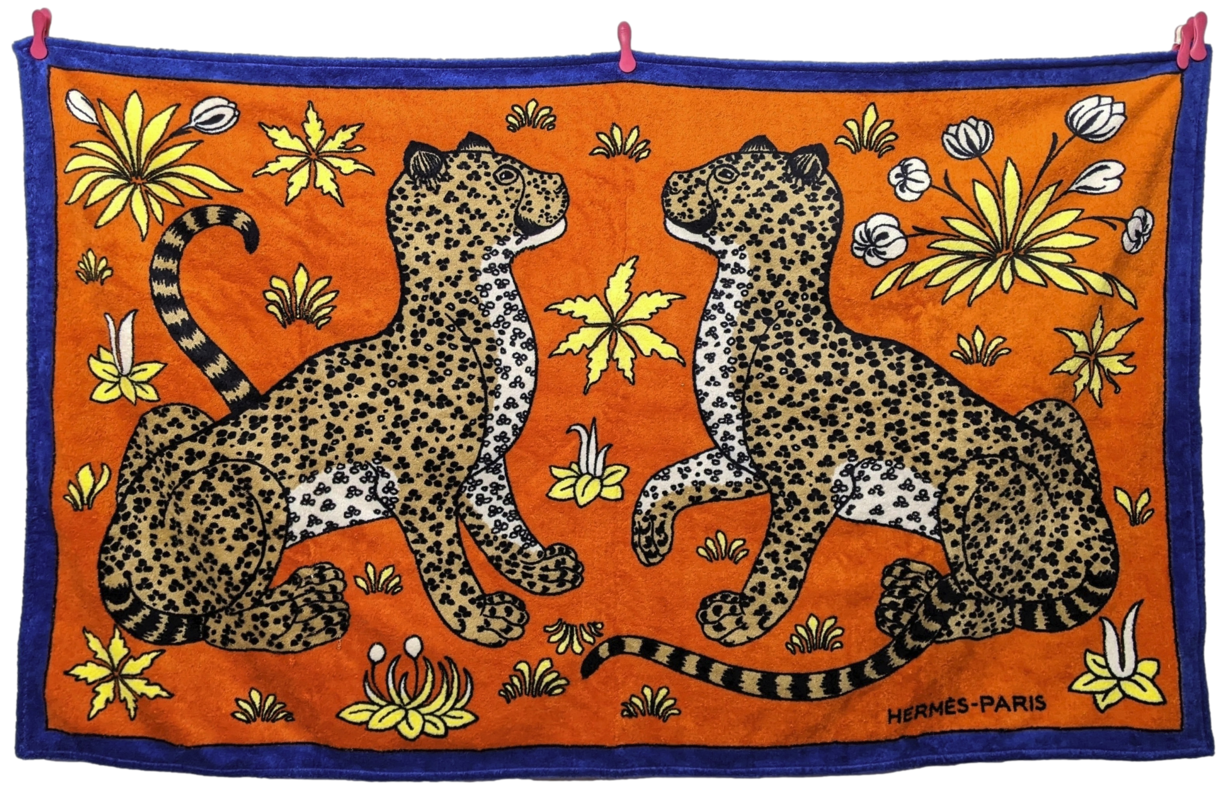 Produits Hermes Blue/Orange " Leopards" Cotton Terry Beach Towel 90 x 150