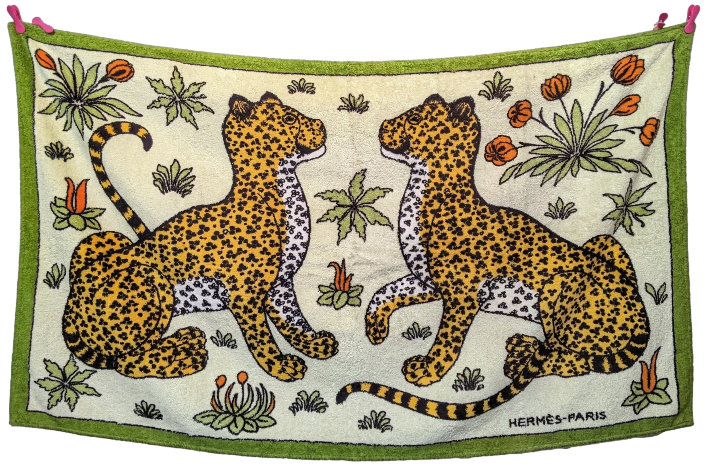 Hermes Vintage Green White " Leopards" Cotton Terry Beach Towel 90 x 150