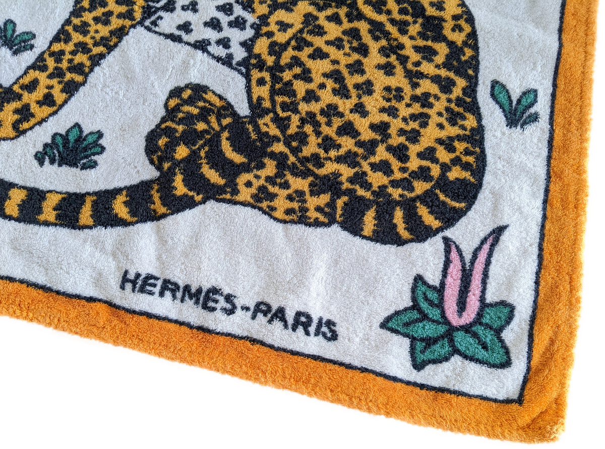 Hermes Vintage Orange/White " Leopards" Cotton Terry Beach Towel 90 x 150