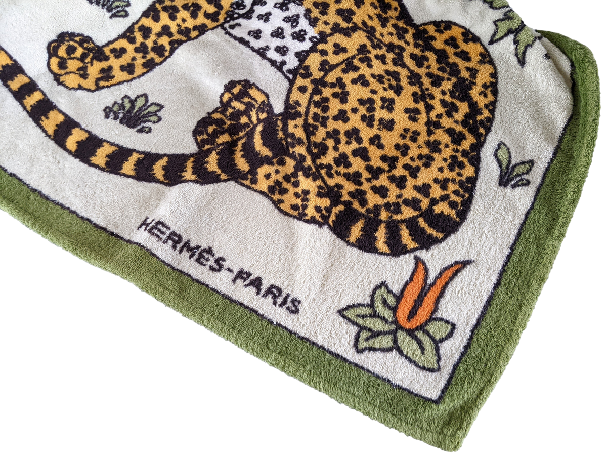 Hermes Vintage Green White " Leopards" Cotton Terry Beach Towel 90 x 150