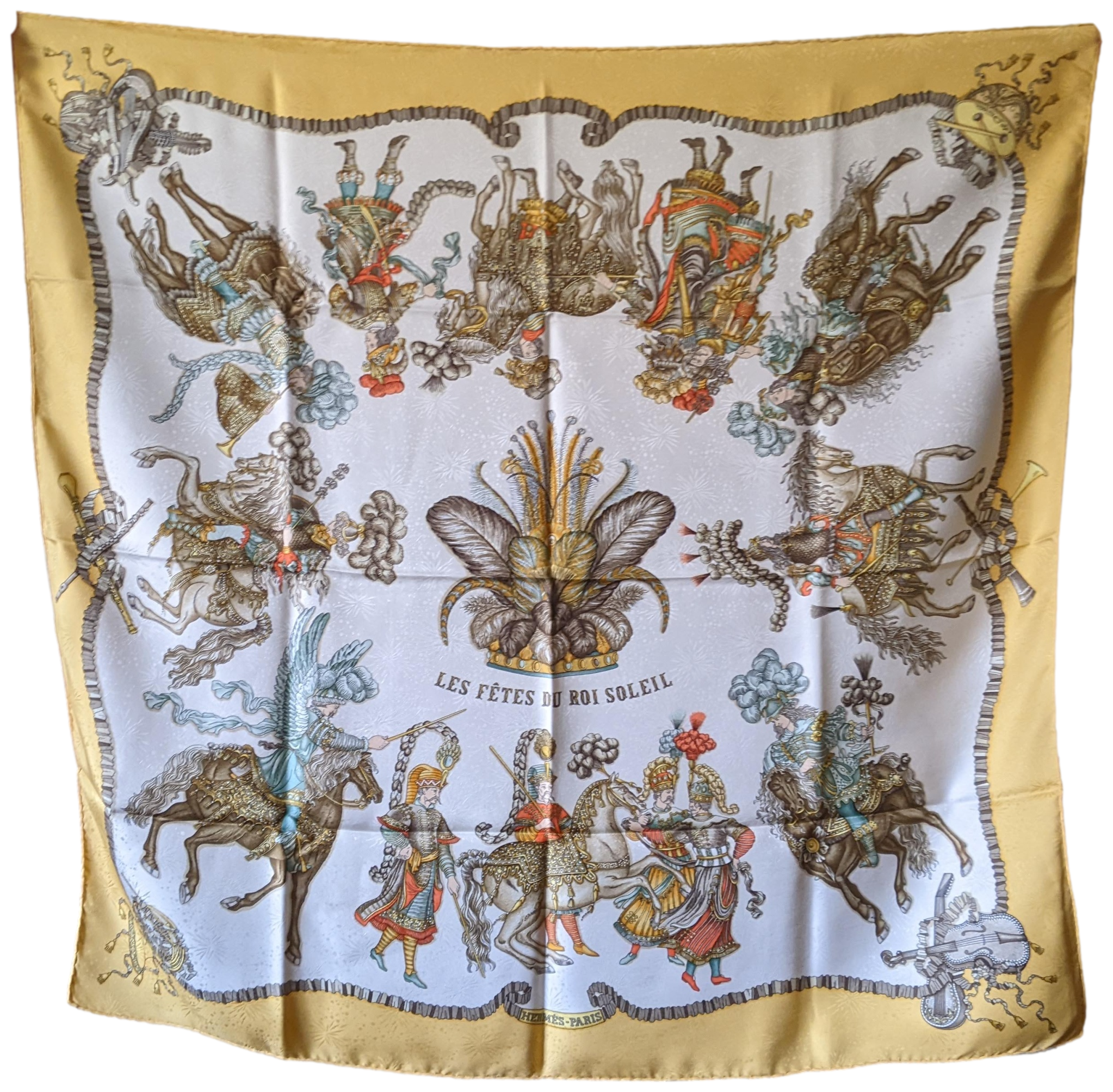 HERMES 1990s LES FETES DU ROI SOLEIL Jacquard Twill Silk Scarf 90