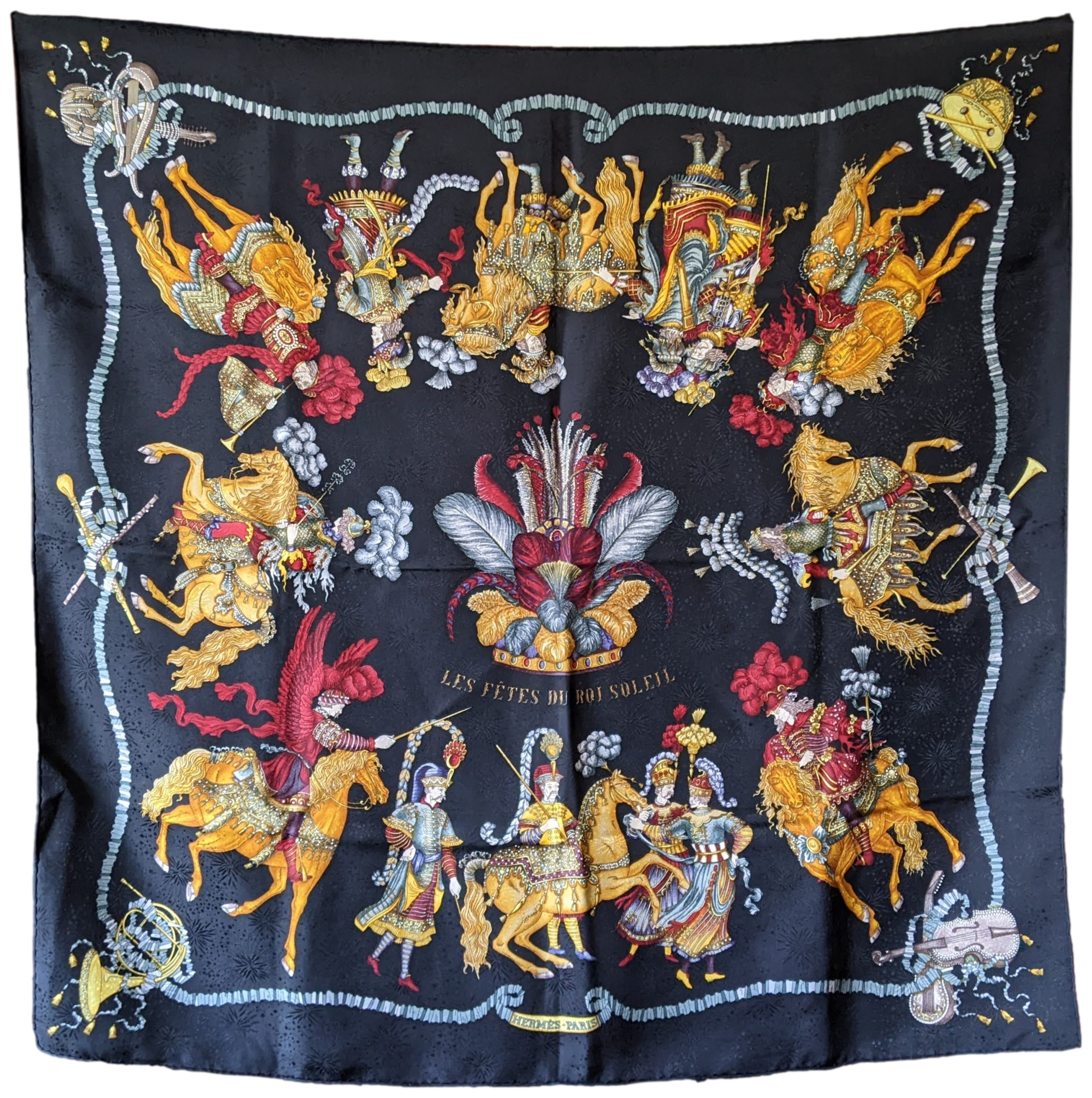 HERMES 1990s LES FETES DU ROI SOLEIL Jacquard Twill Silk Scarf 90
