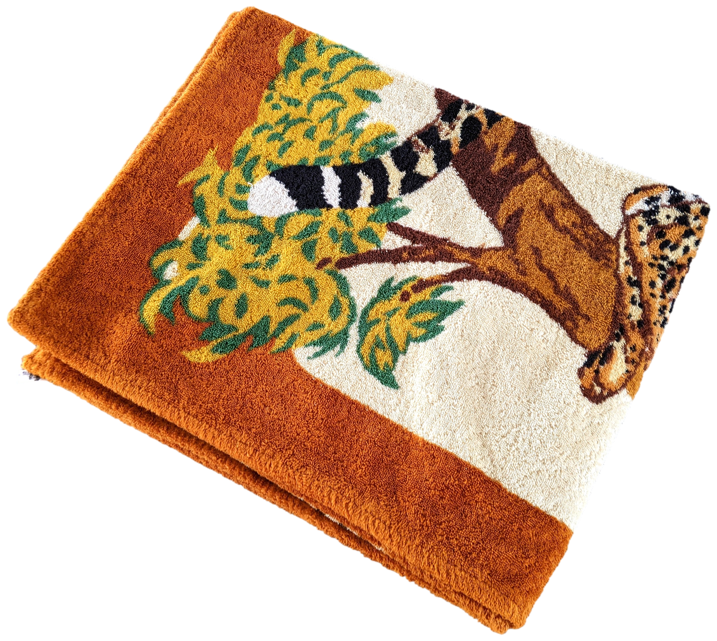 Hermes Orange Rouille/Jaune Pale "Les Guepards" by Robert Dallet Tapis de Plage Terry Beach Towel 150 x 90 cm