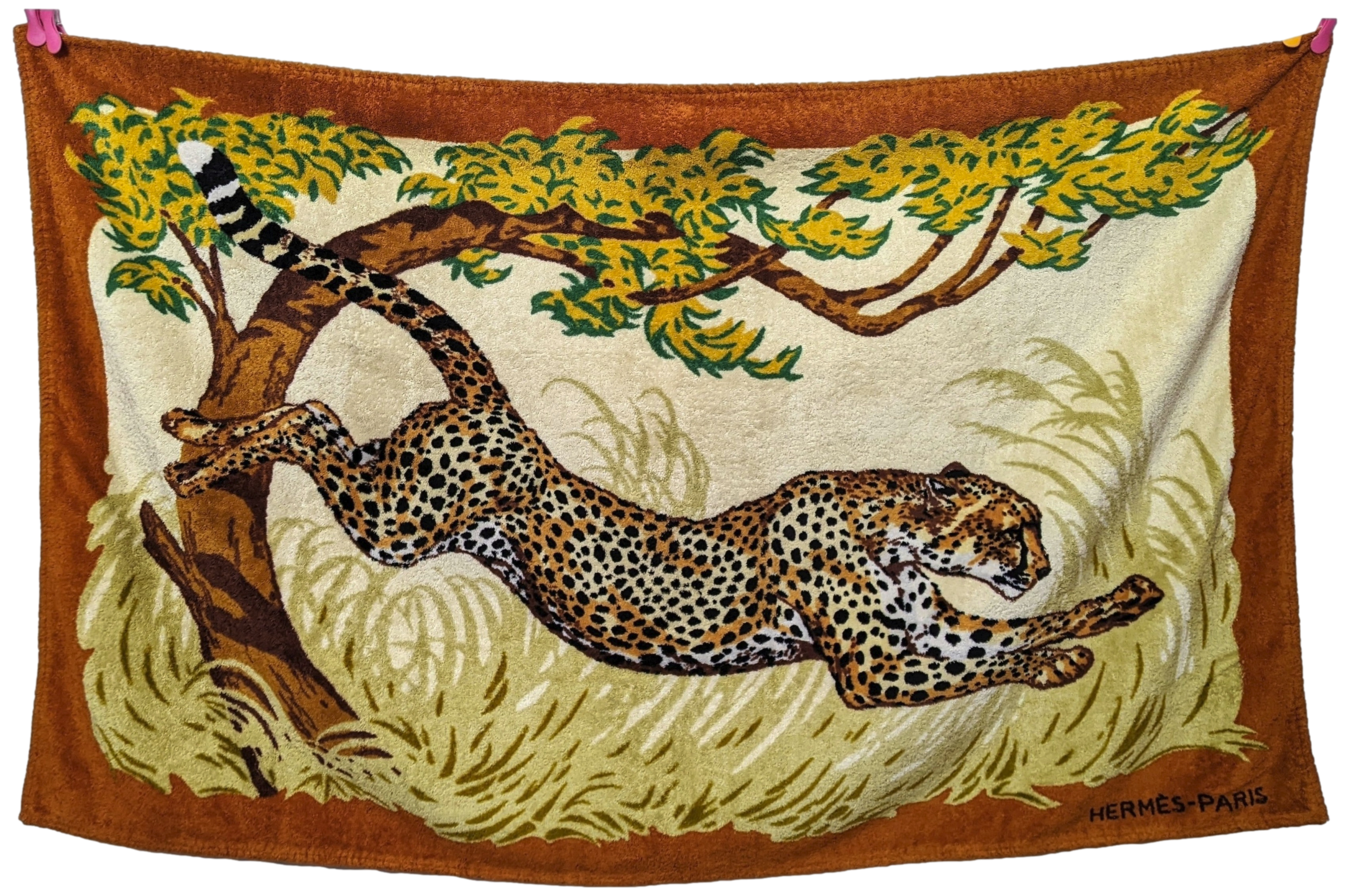 Hermes Orange Rouille/Jaune Pale "Les Guepards" by Robert Dallet Tapis de Plage Terry Beach Towel 150 x 90 cm