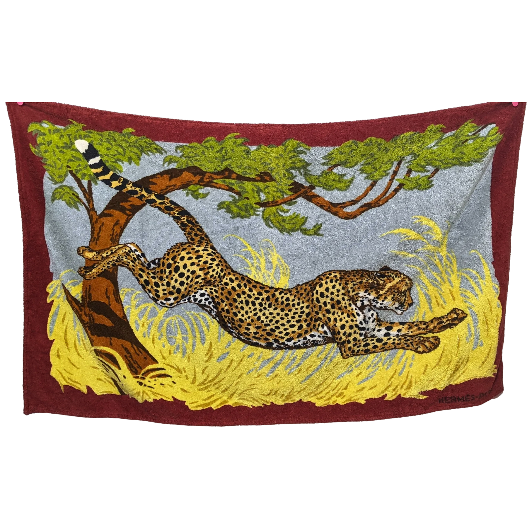 Hermes Bordeaux/Bleu/Orange "Les Guepards" by Robert Dallet Tapis de Plage Terry Beach Towel 150 x 90 cm