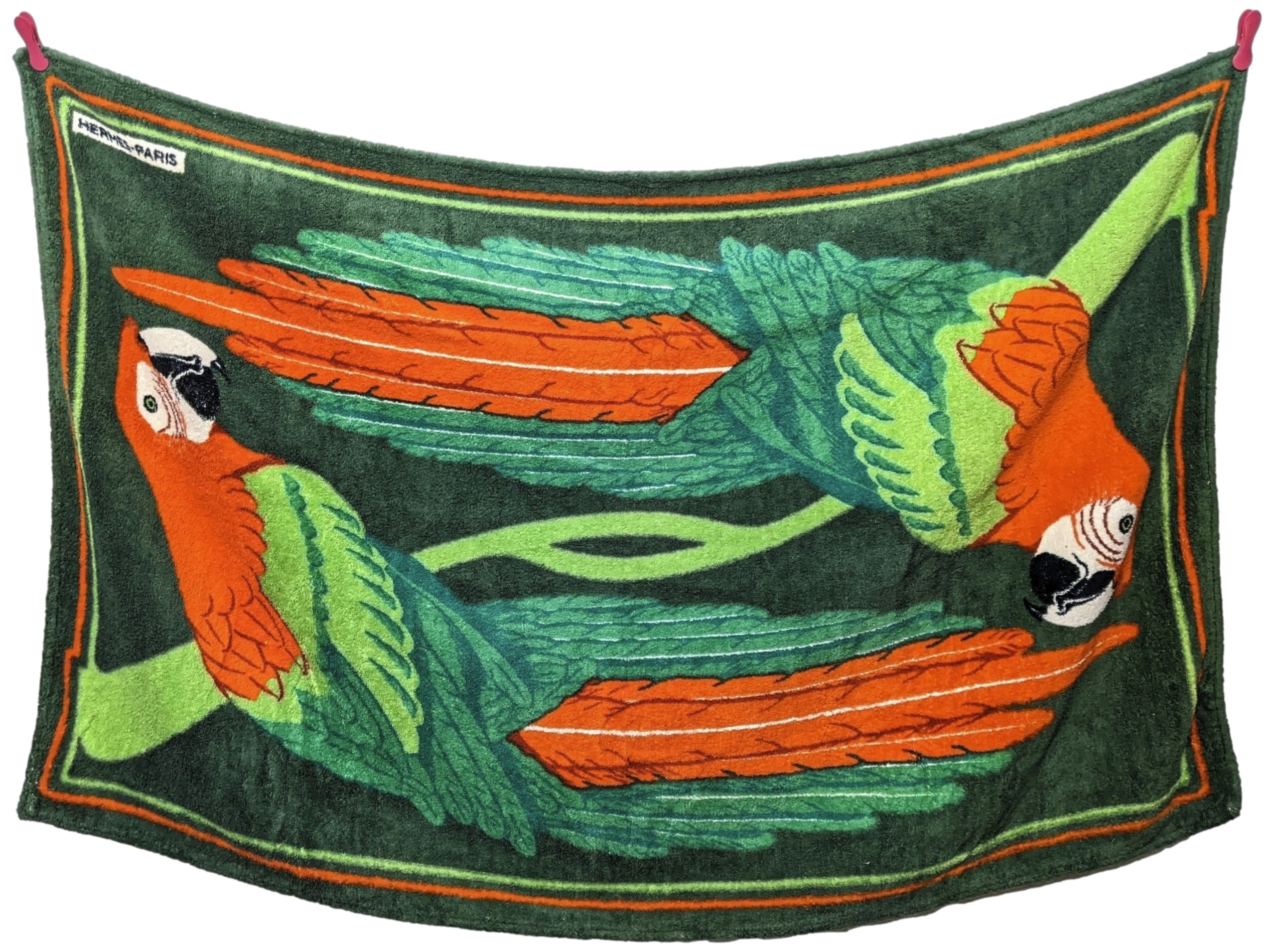 Hermes Vintage 90's Green/Orange "Les Perroquets" Terry Beach Towel 90 x 150 cm