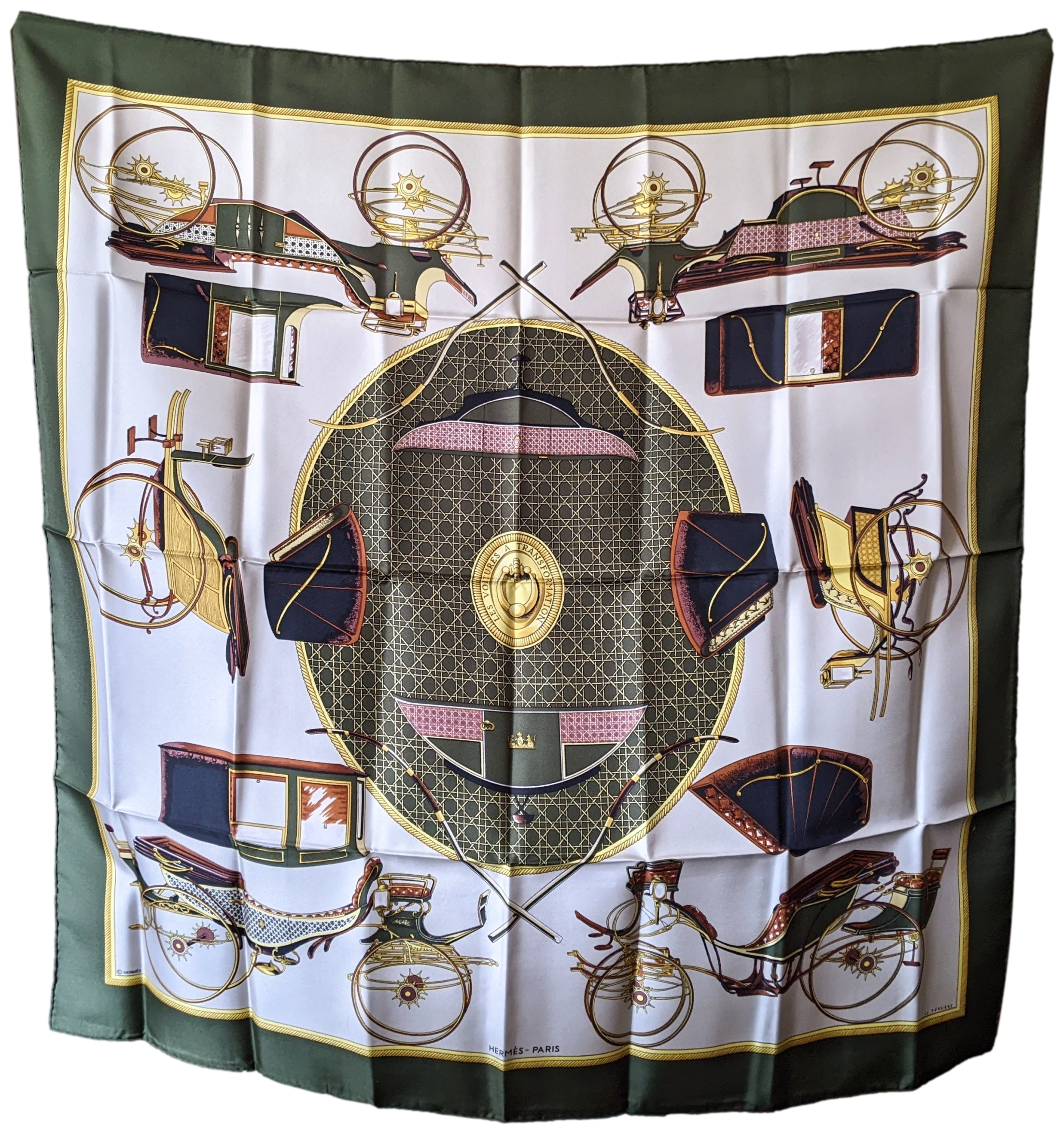 Hermes 1980 Vert "Les Voitures a Transformations" Twill Scarf 90 x 90 cm