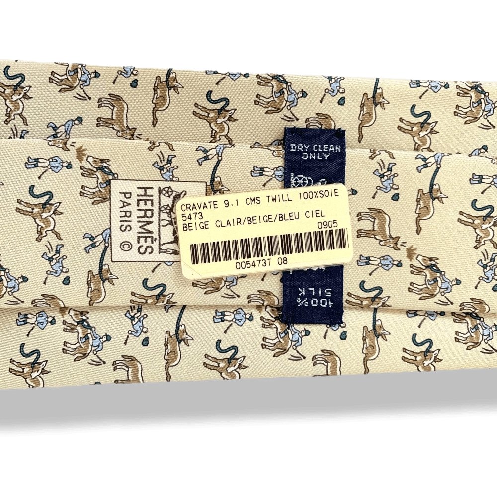 Hermes Light Beige Beige Sky Blue Donkey ANE Twill Silk Tie 9cm, NWT in Pochette! - poupishop
