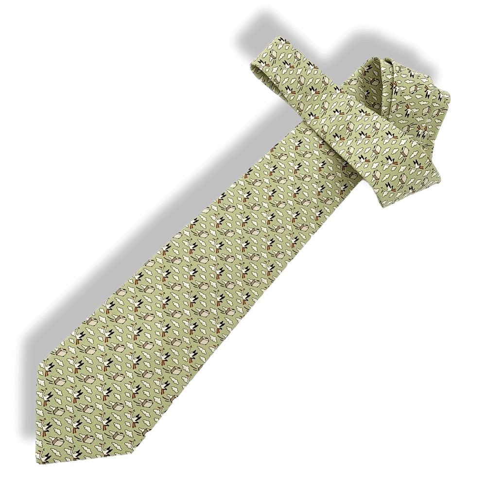 Hermes Light Green Beige White BIRD EXPRESS Twill Silk Tie 9cm, New in Pochette! - poupishop