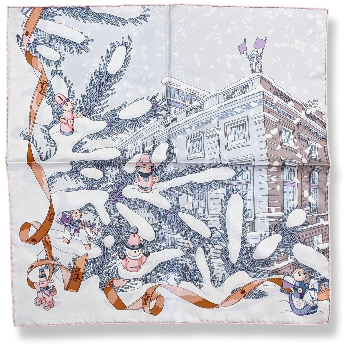 Hermes Light Pink, Pearl Grey Noel au 24 Faubourg Twill Gavroche 45 cm, Rare in Box! - poupishop
