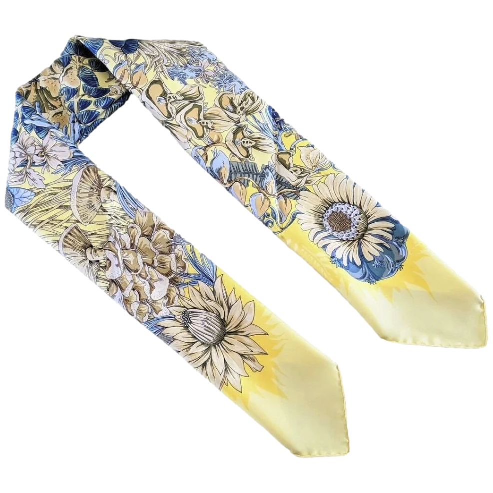 Produits Hermes 1998 Jaune/Bleu/Jaune Pâle L'ILE DESERTE by Annie Faivre Twill Carre 90cm