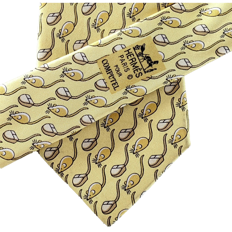 Hermes Banane Limited Edition for Computel "Souris" Mouse Silk Tie 9cm 7560 SA