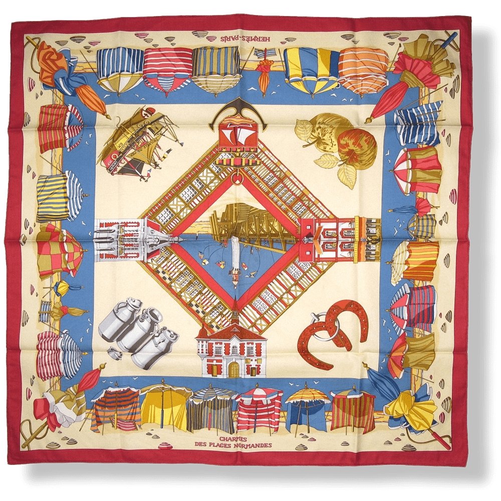 Hermes Limited to Deauville Charmes des Plages Normandes by Loic Dubigeon Cotton scarf 70, Rare! - poupishop
