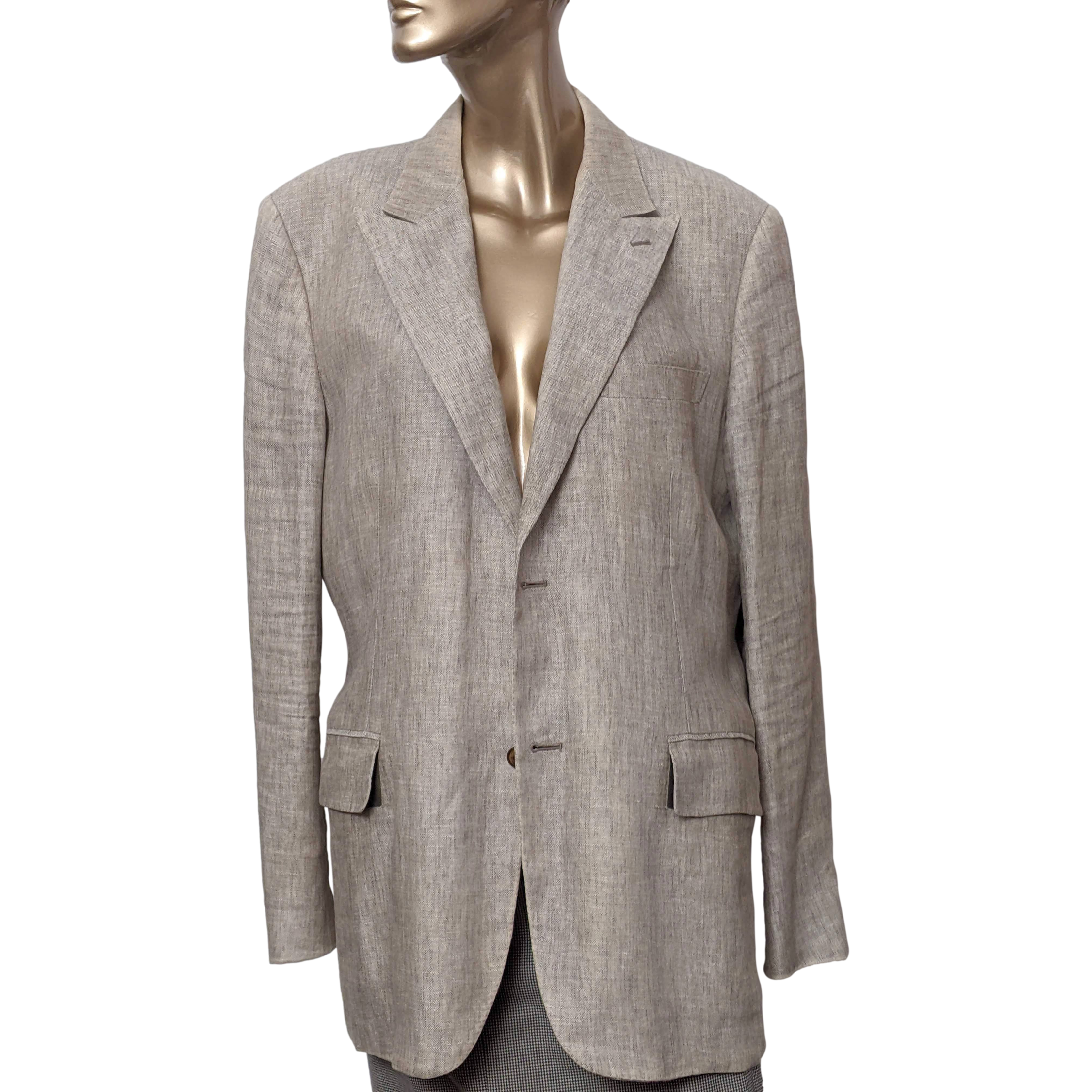 Hermes Natural Linen with Leather Details Men's Jacket Sz54