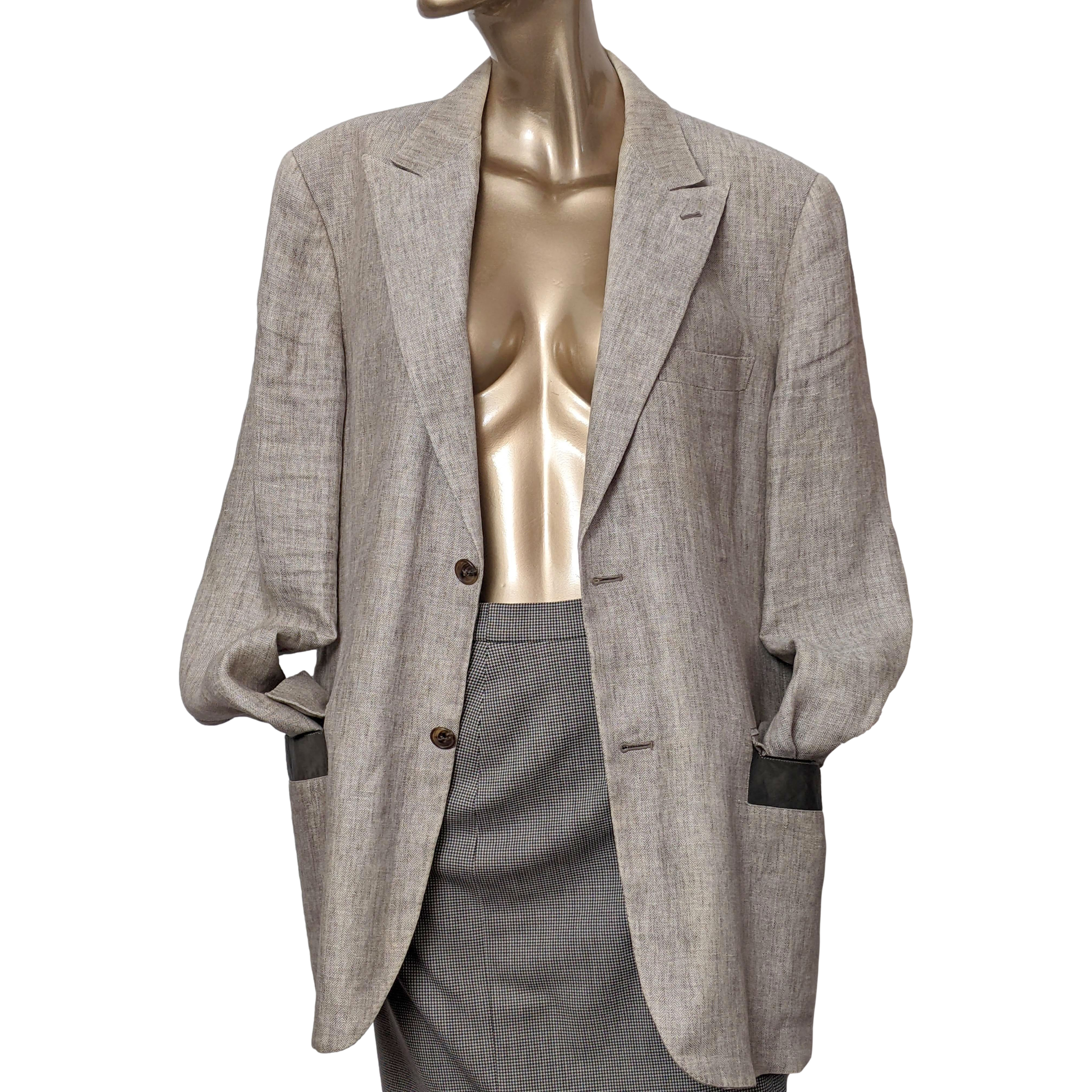 Hermes Natural Linen with Leather Details Men's Jacket Sz54