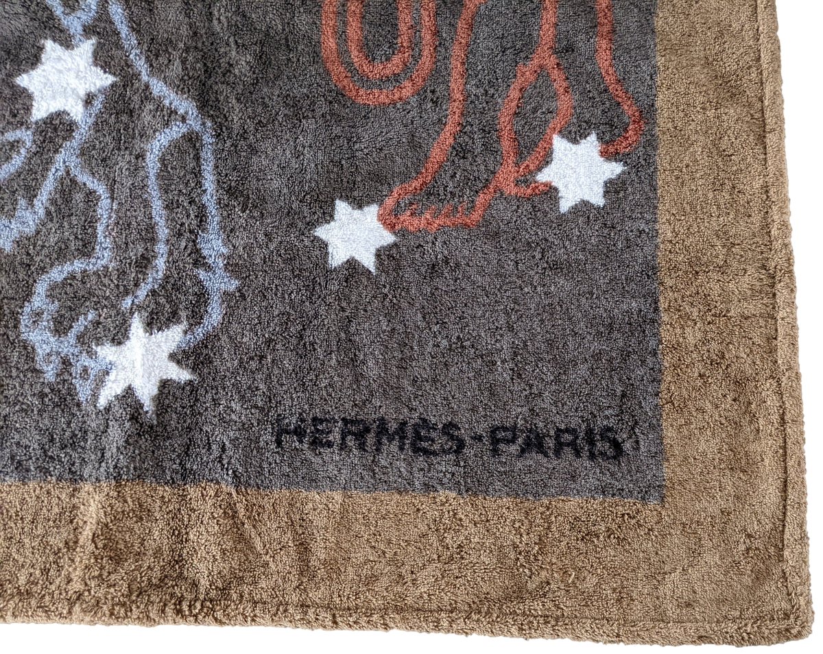 Hermes Brown vintage "Lion Zodiac" Cotton Terry Beach Towel 90 x 150