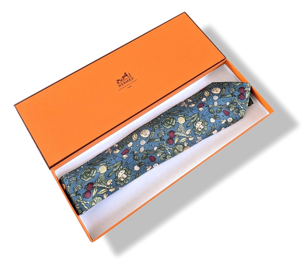 Hermes Lovely Vegetable Garden POTAGER Printed Twill Silk Tie, Mint in Box ! - poupishop