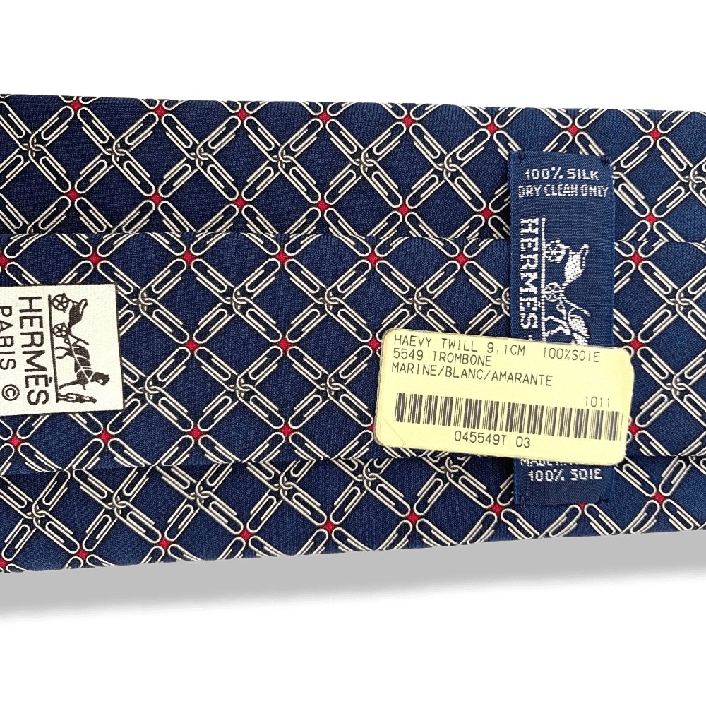 Hermes Marine Blanc Amarante TROMBONE Twill Silk Tie 9CM, NWT in Pochette! - poupishop