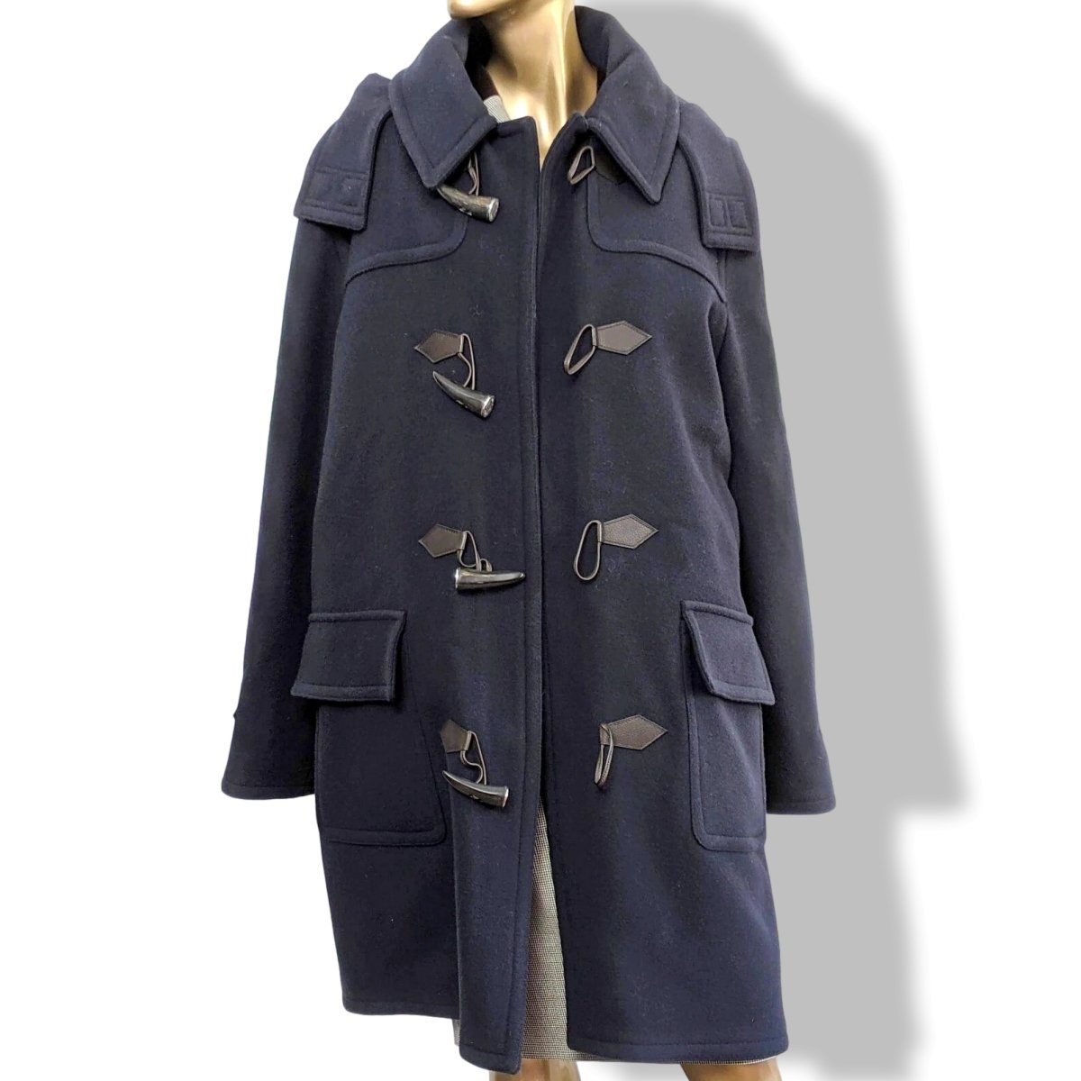 Hermes Marine Wool/Brown Calfskin Leather Men's Wool Duffle-Coat with Horn Buttons 56, PUR LUXE, New! - poupishop