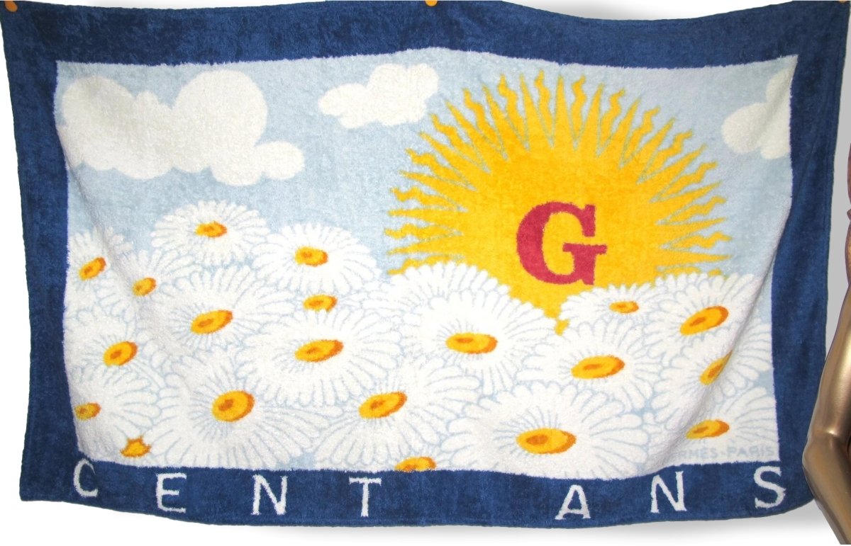 Hermes Marine/Blanc/Jaune Special Issue CENT ANS GAUMONT Tapis de Plage Terry Beach Towel 150 x 90cm cm - poupishop
