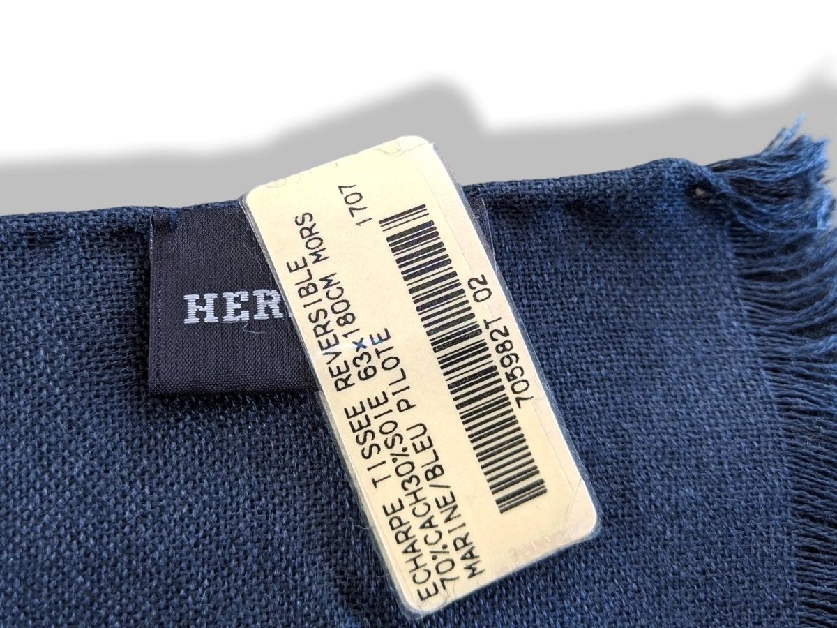 Hermes Marine/Bleu Pilote MORS MUFFLER Woven 70% Cashmere Reversible Stole 63 x 180 cm, BNWT! - poupishop