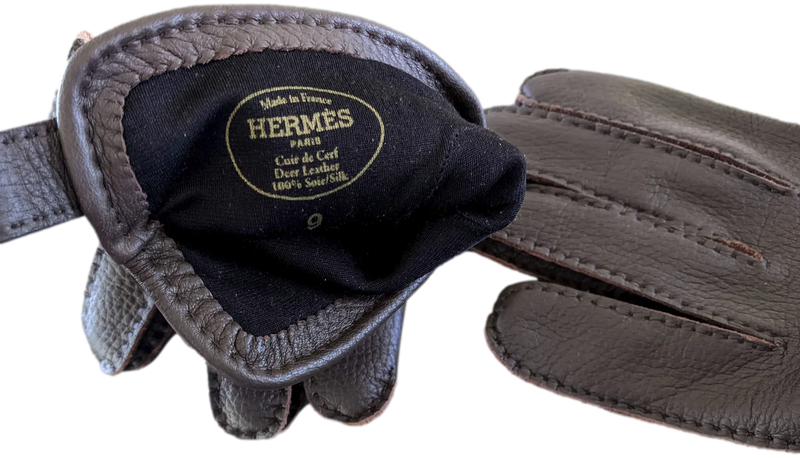 Hermes Men Ebene Deer/Silk Cerf Gloves Sz095