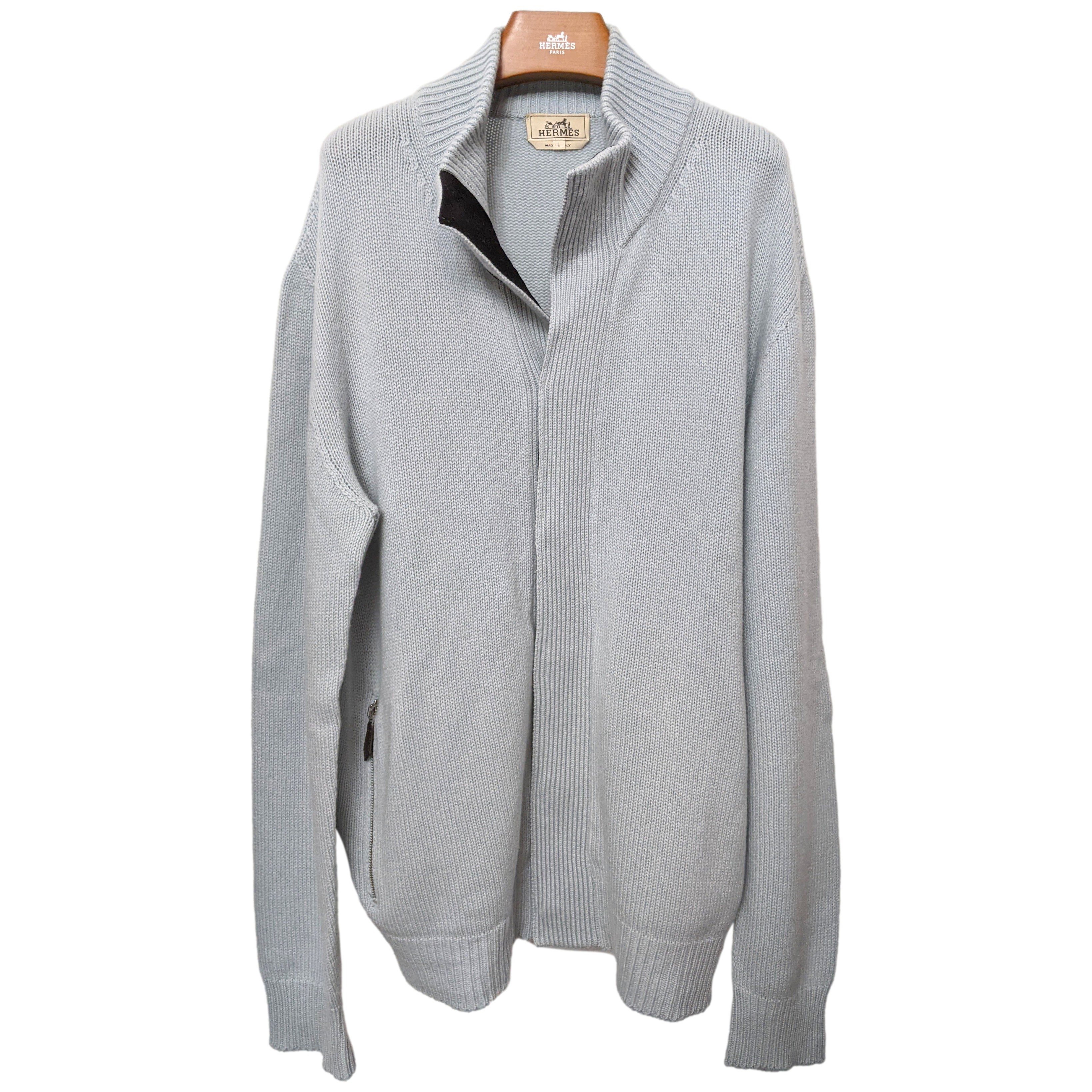 Produits Hermes Men's Bleu Clair 100% Cashmere Cable Knit Cardigan SzL