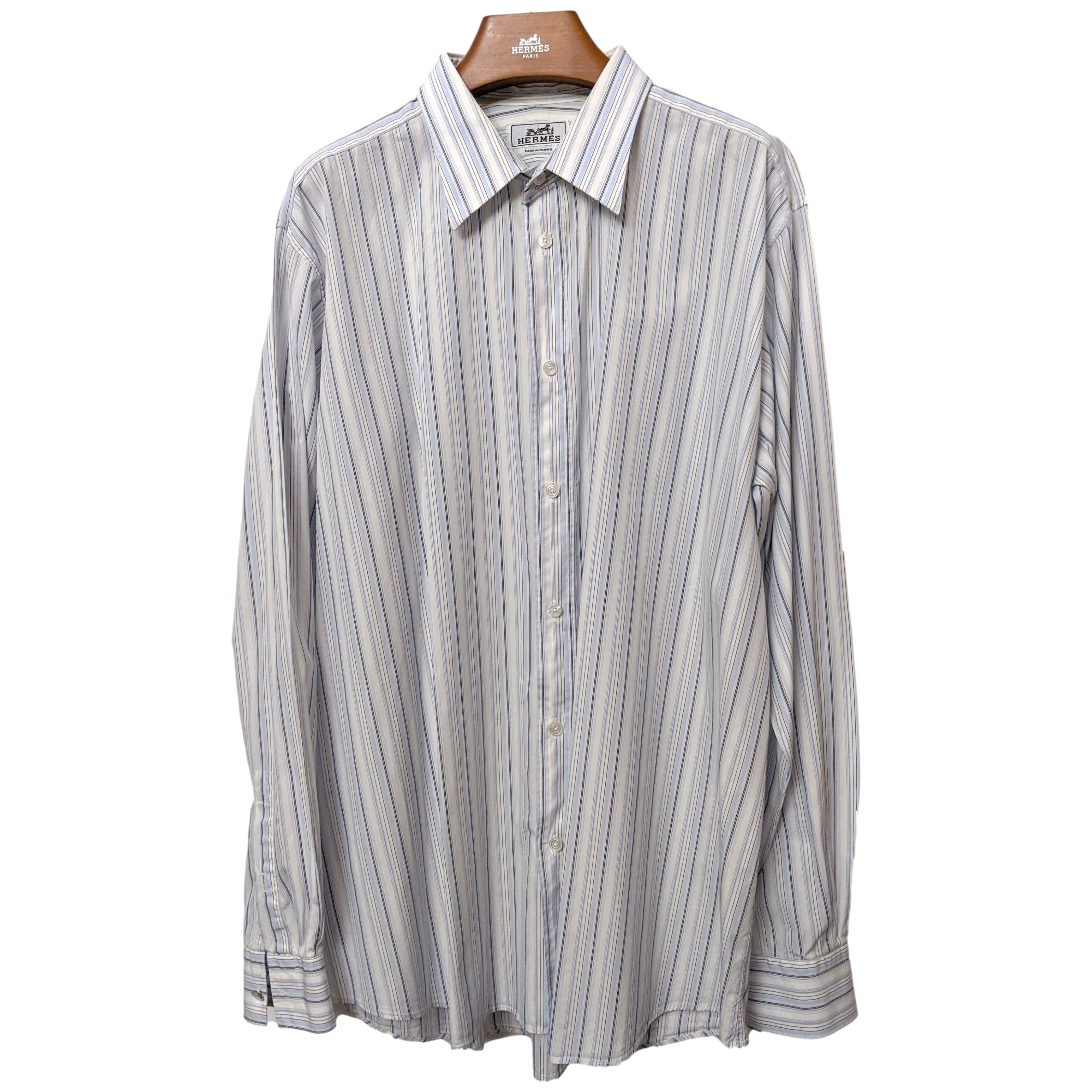Hermes Men's Blue Lined Cotton Long Sleeves Shirt, Sz44