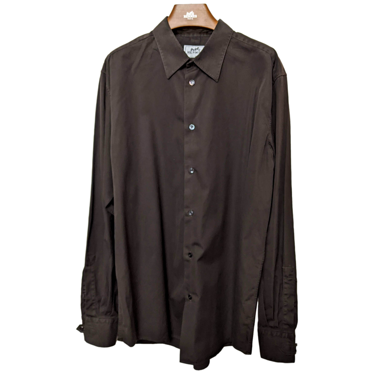 HERMES PARIS 長袖シャツ ダークブラウン Hermes Men's Ebene Cotton Long Sleeves Shirt with Removabe