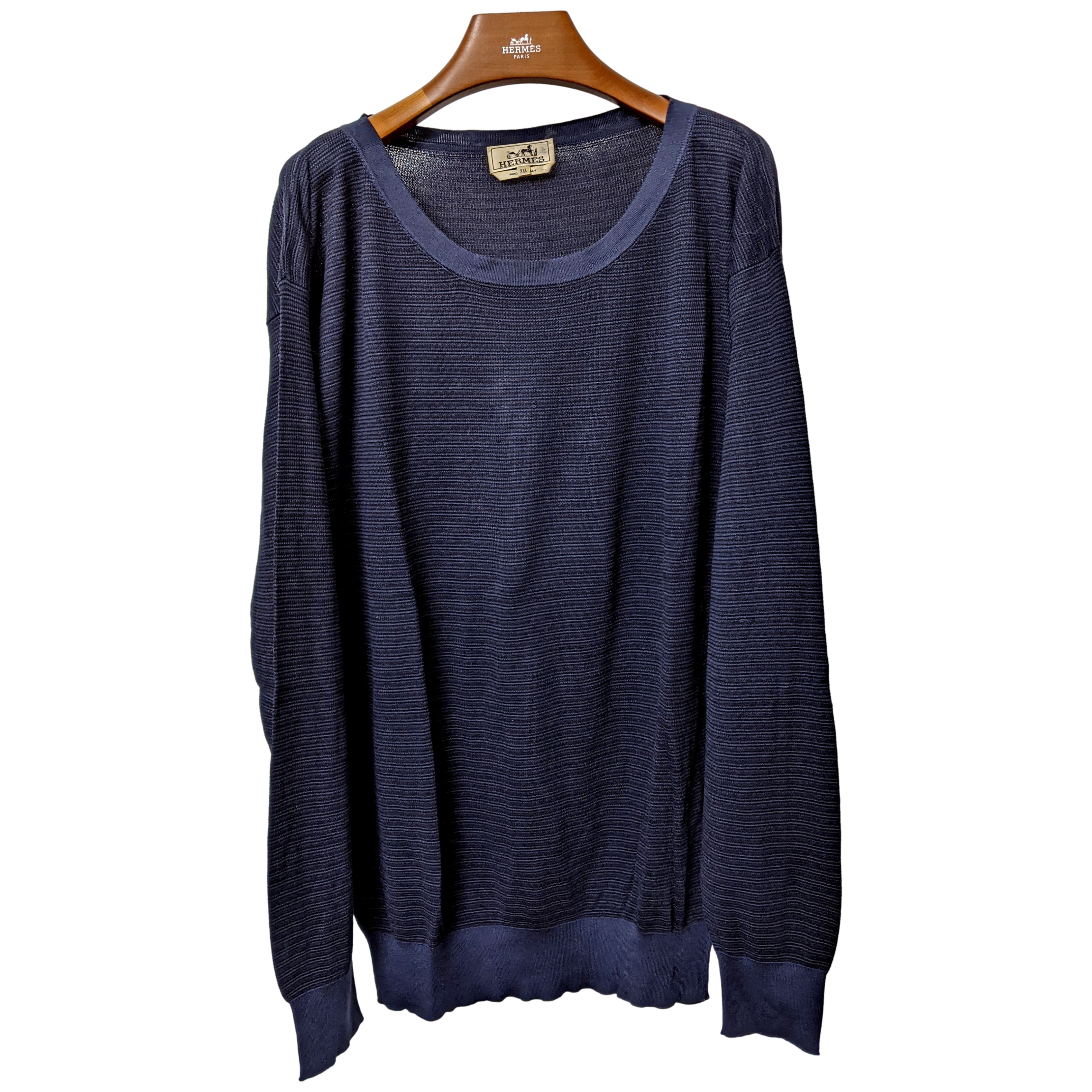 Hermes Men's Marine 100% Silk Classic Round Neck Sweater