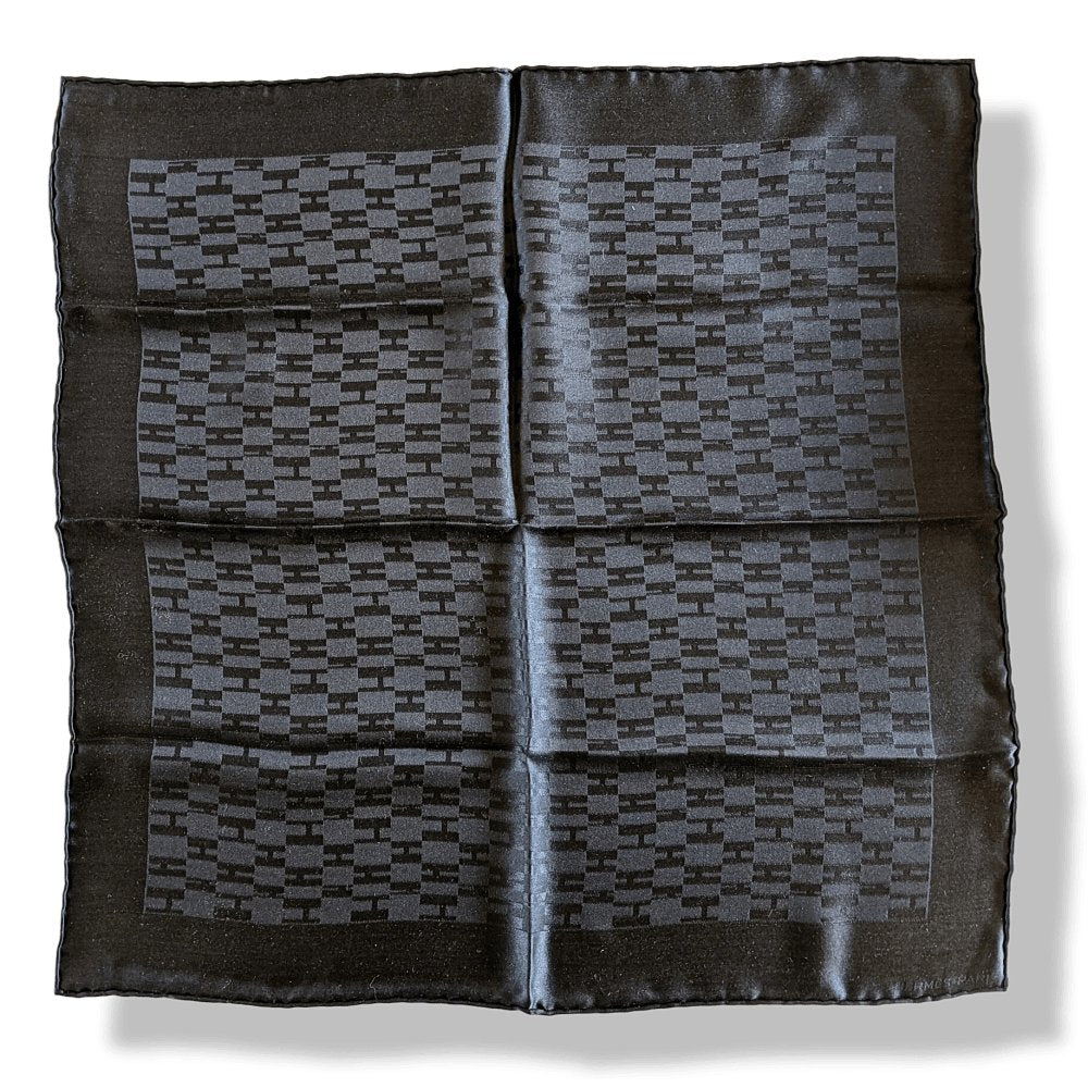 bar-in Hermes Men's Pochette Black Faconnee Grand H Jacquard Silk Pongee Pocket Scarf 45cm BNEW! - poupishop