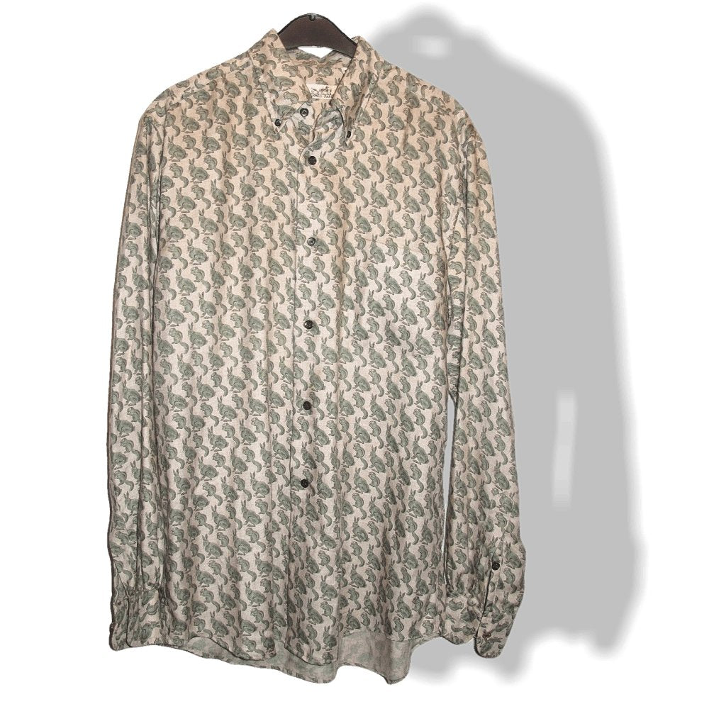 Hermes Men's Vintage Naturel/Green/Grey HARES & SQUIRRELS Cashmere Shirt Sz40, Rare and New! - poupishop