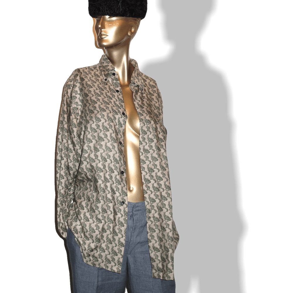 Hermes Men's Vintage Naturel/Green/Grey HARES & SQUIRRELS Cashmere Shirt Sz40, Rare and New! - poupishop