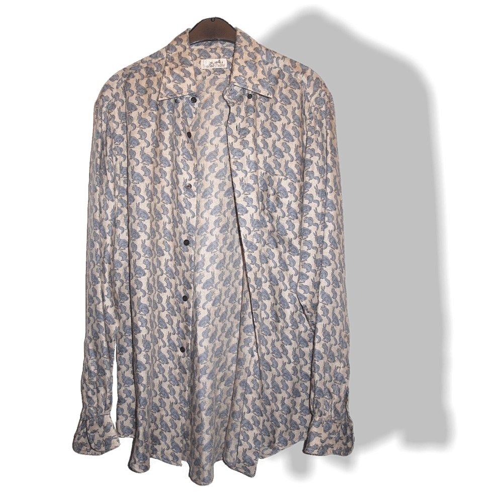 Hermes Men's Vintage Naturel/Grey HARES & SQUIRRELS Cashmere Shirt Sz40, Rare! - poupishop