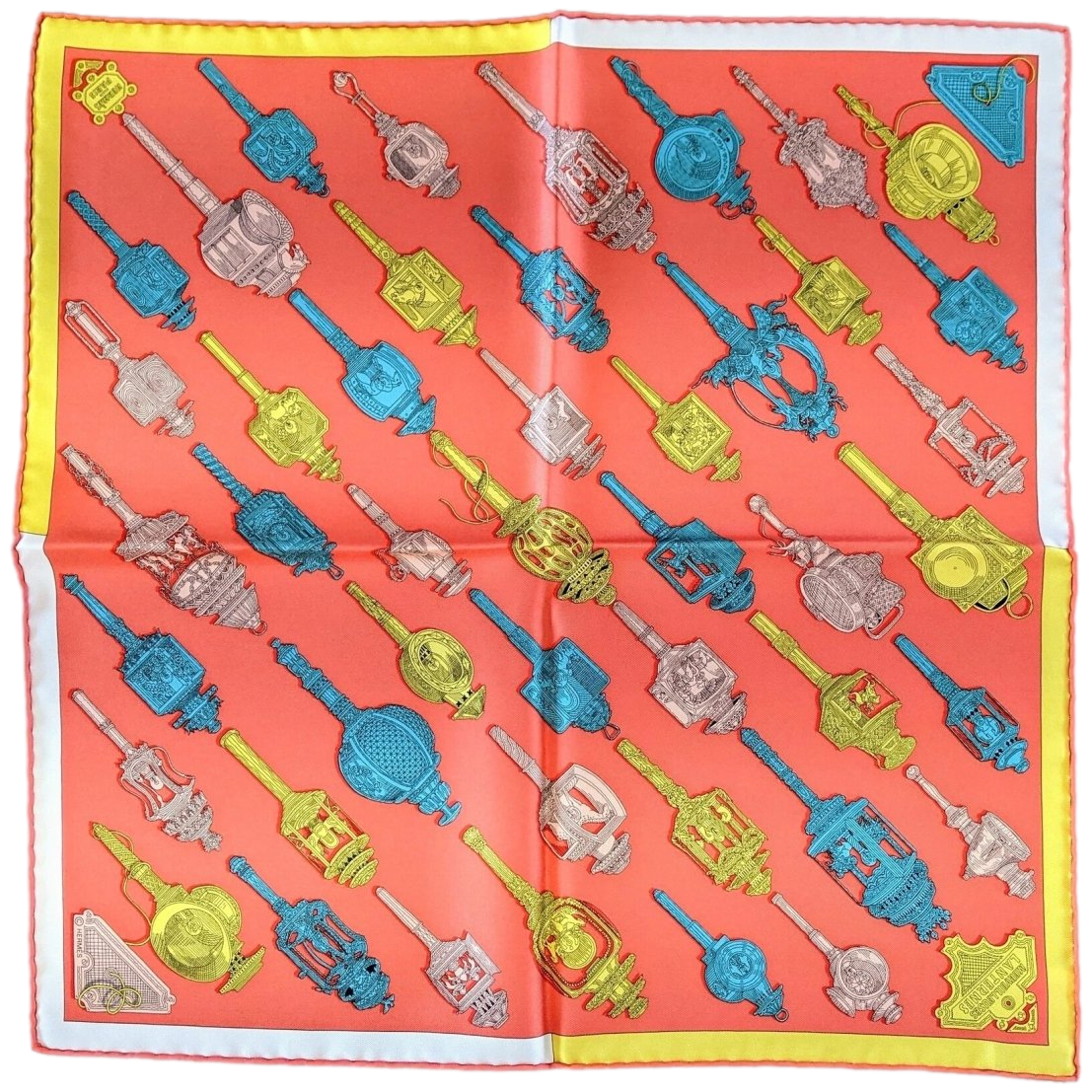 Hermes cw01 Corail/Jaune/Turquoise MERVEILLEUSES LANTERNES Gavroche Twll Silk 45 cm