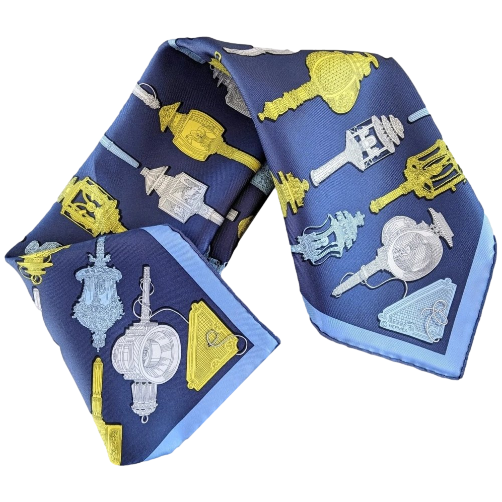 Hermes cw02 Marine/Jaune/Bleu Ciel MERVEILLEUSES LANTERNES Gavroche Twll Silk 45 cm