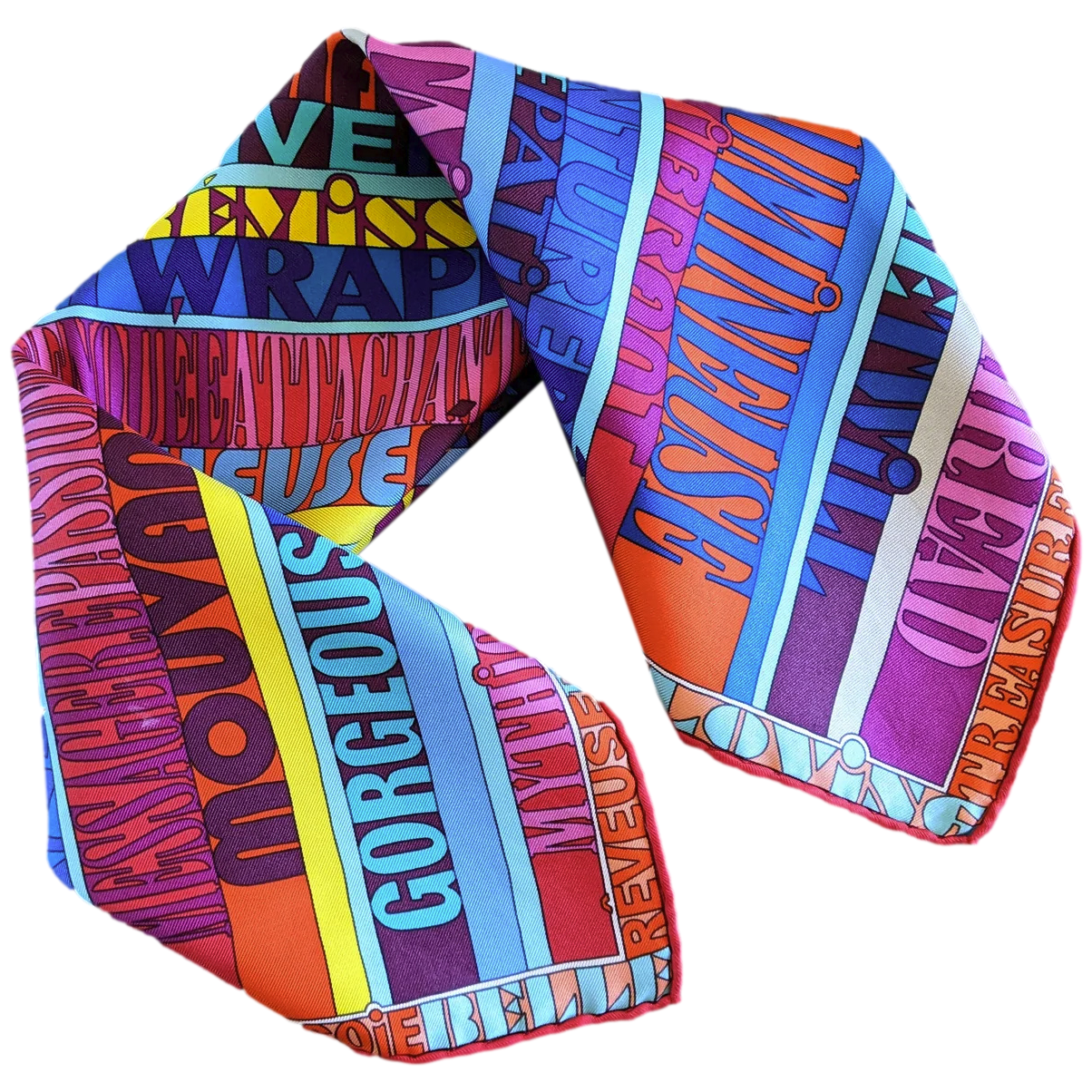 Hermes 2011 Rouge/Multi "Mots de Soie" by Virginie Jamin Gavroche Pocket Scarf 45