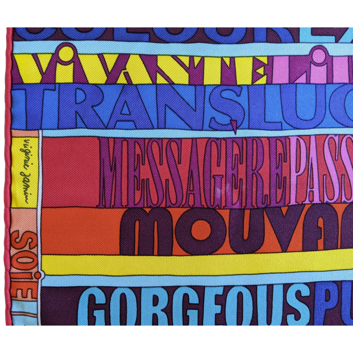Hermes 2011 Rouge/Multi "Mots de Soie" by Virginie Jamin Gavroche Pocket Scarf 45